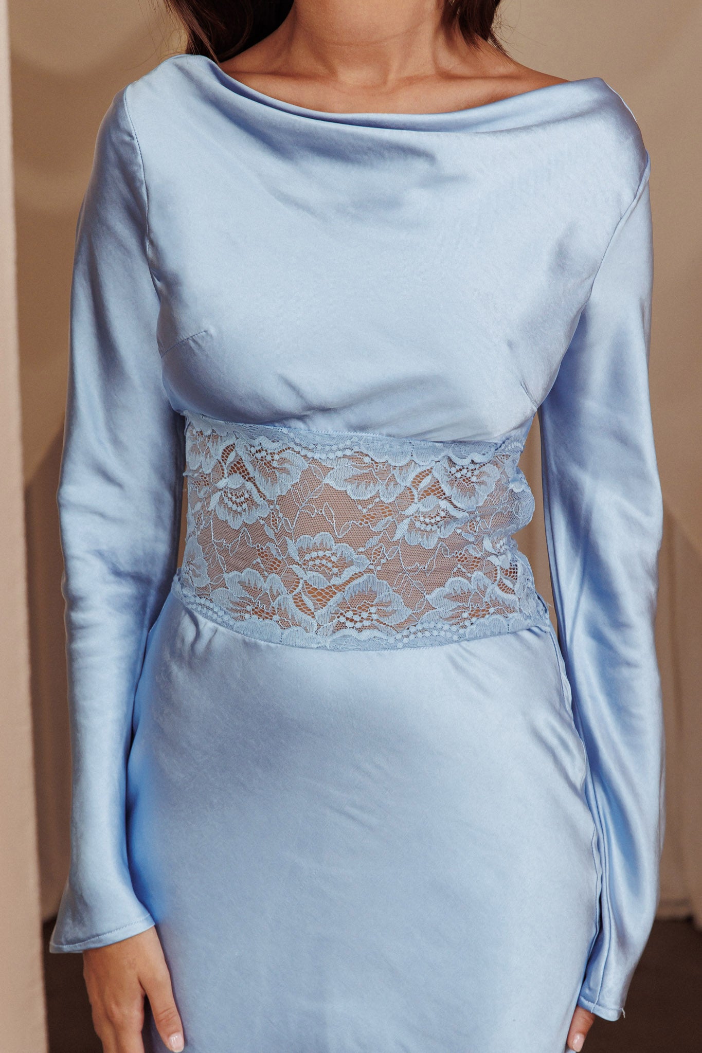 Loveland Lace Insert Cowl Back Dress Blue-Maymioy