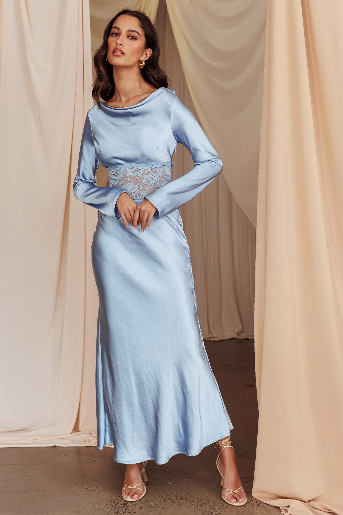 Loveland Lace Insert Cowl Back Dress Blue-Maymioy