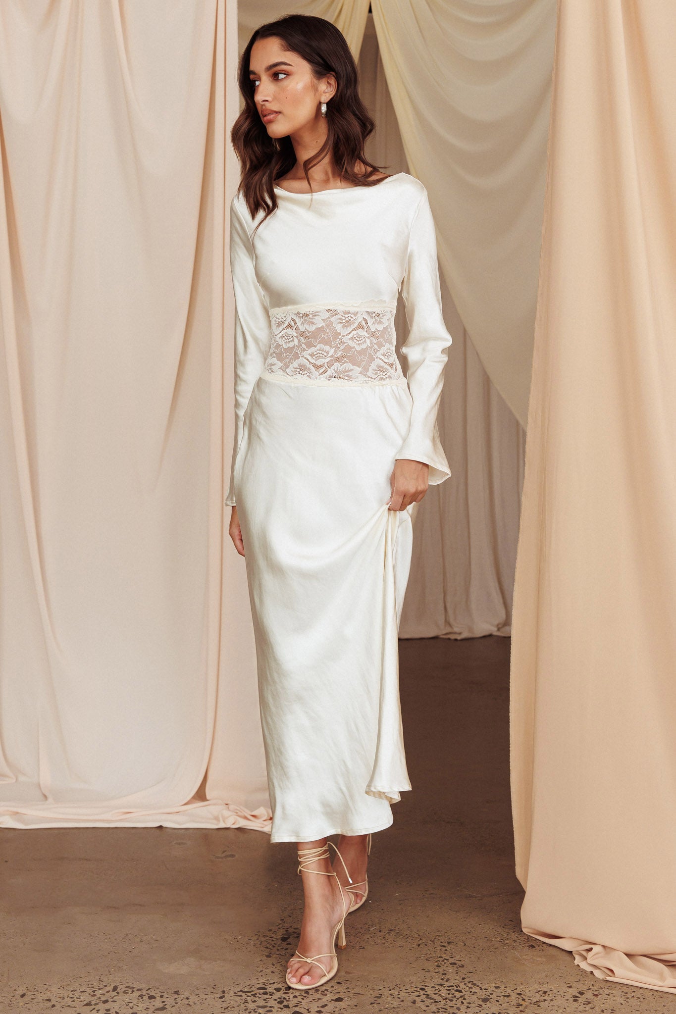 Loveland Lace Insert Cowl Back Dress Oyster-Maymioy