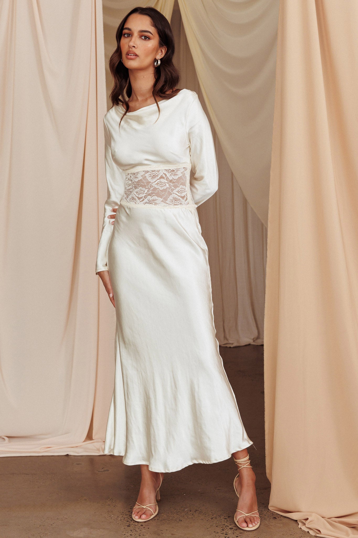Loveland Lace Insert Cowl Back Dress Oyster-Maymioy