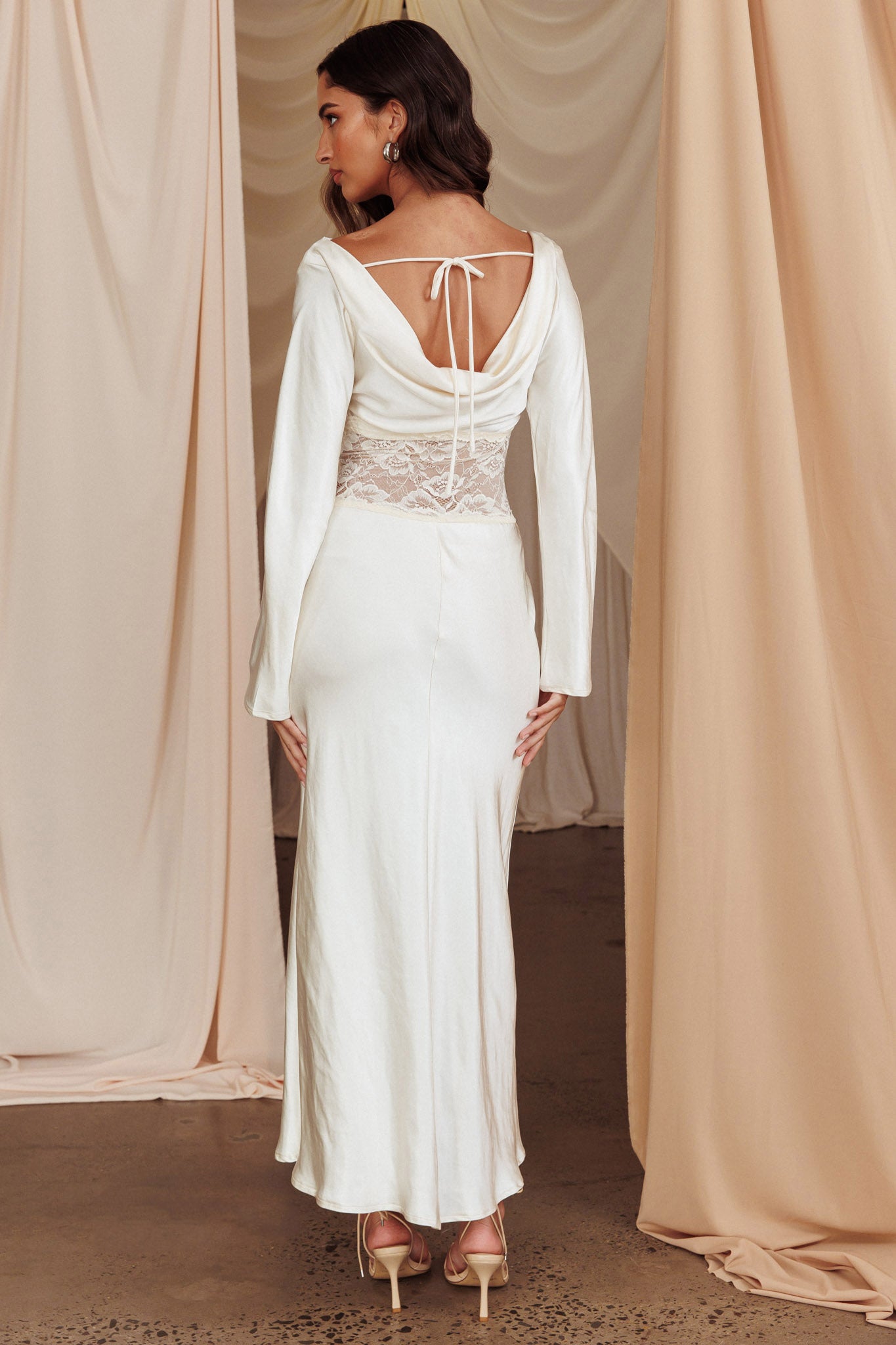 Loveland Lace Insert Cowl Back Dress Oyster-Maymioy