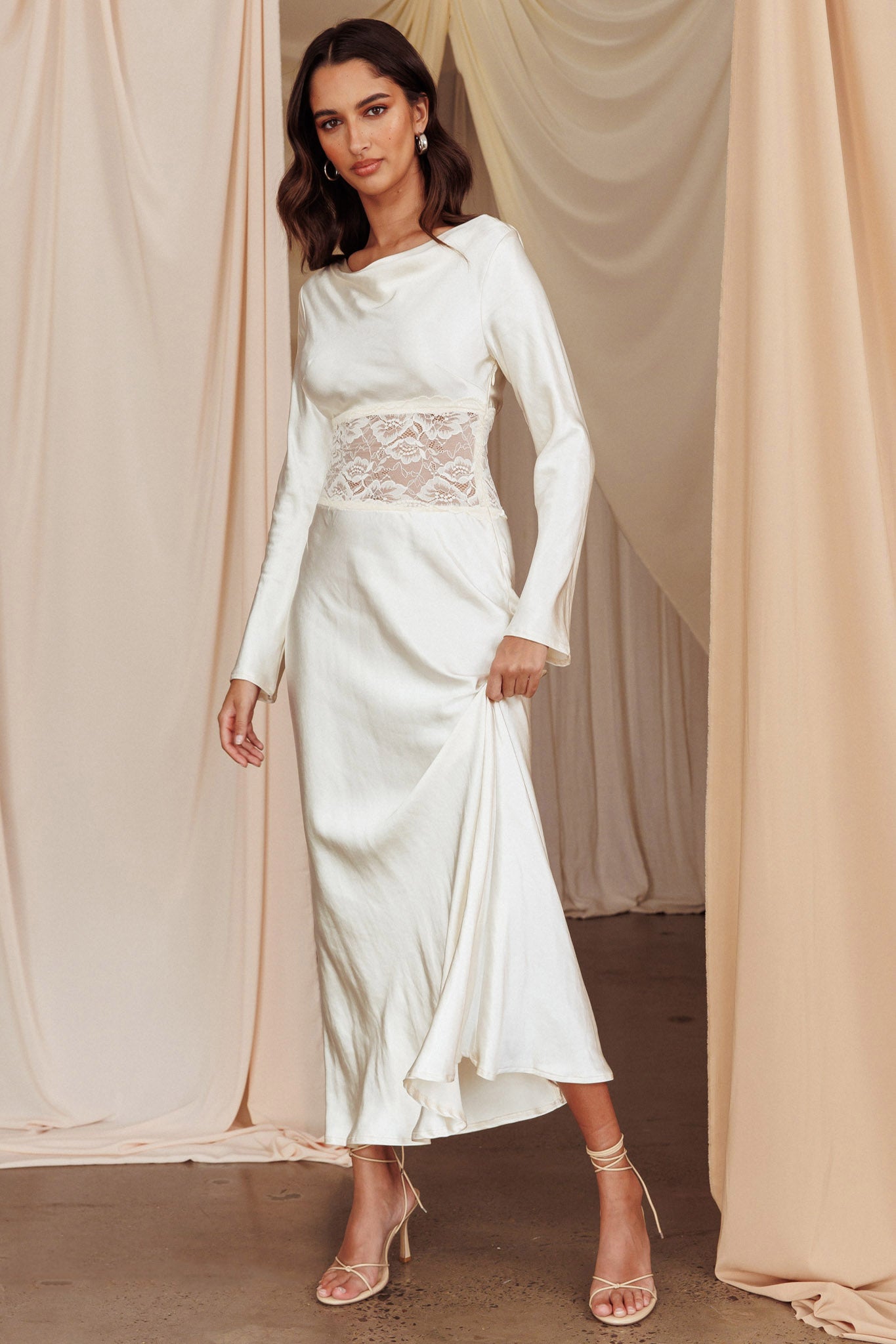 Loveland Lace Insert Cowl Back Dress Oyster-Maymioy
