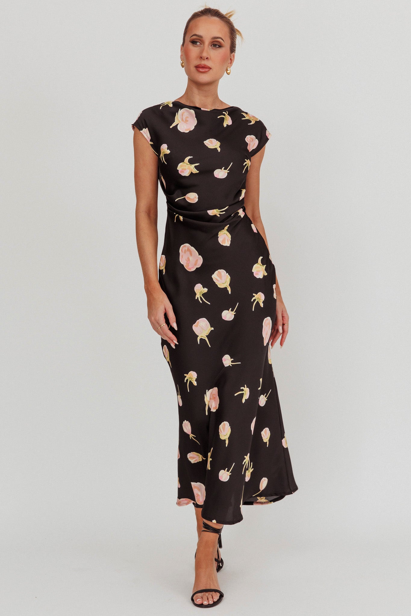Loveland Floral Print Cowl Back Maxi Dress Oyster-Maymioy