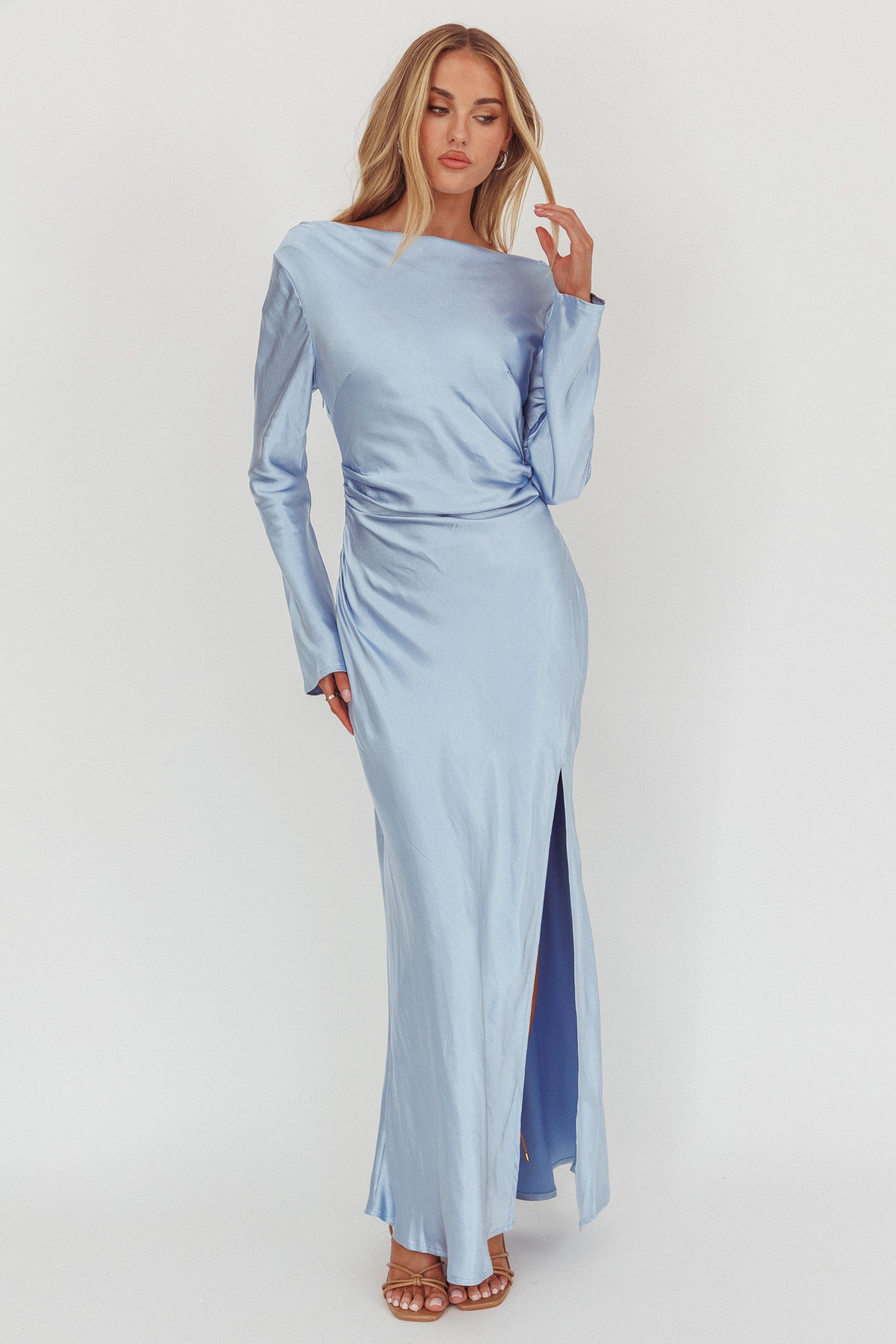 Loveland Long Sleeve Cowl Back Maxi Dress Blue-Maymioy