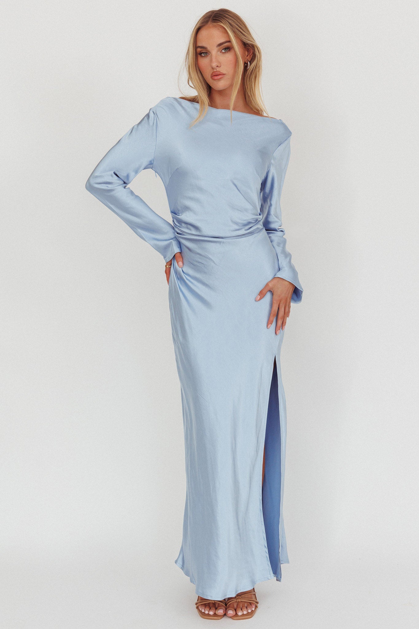 Loveland Long Sleeve Cowl Back Maxi Dress Blue-Maymioy