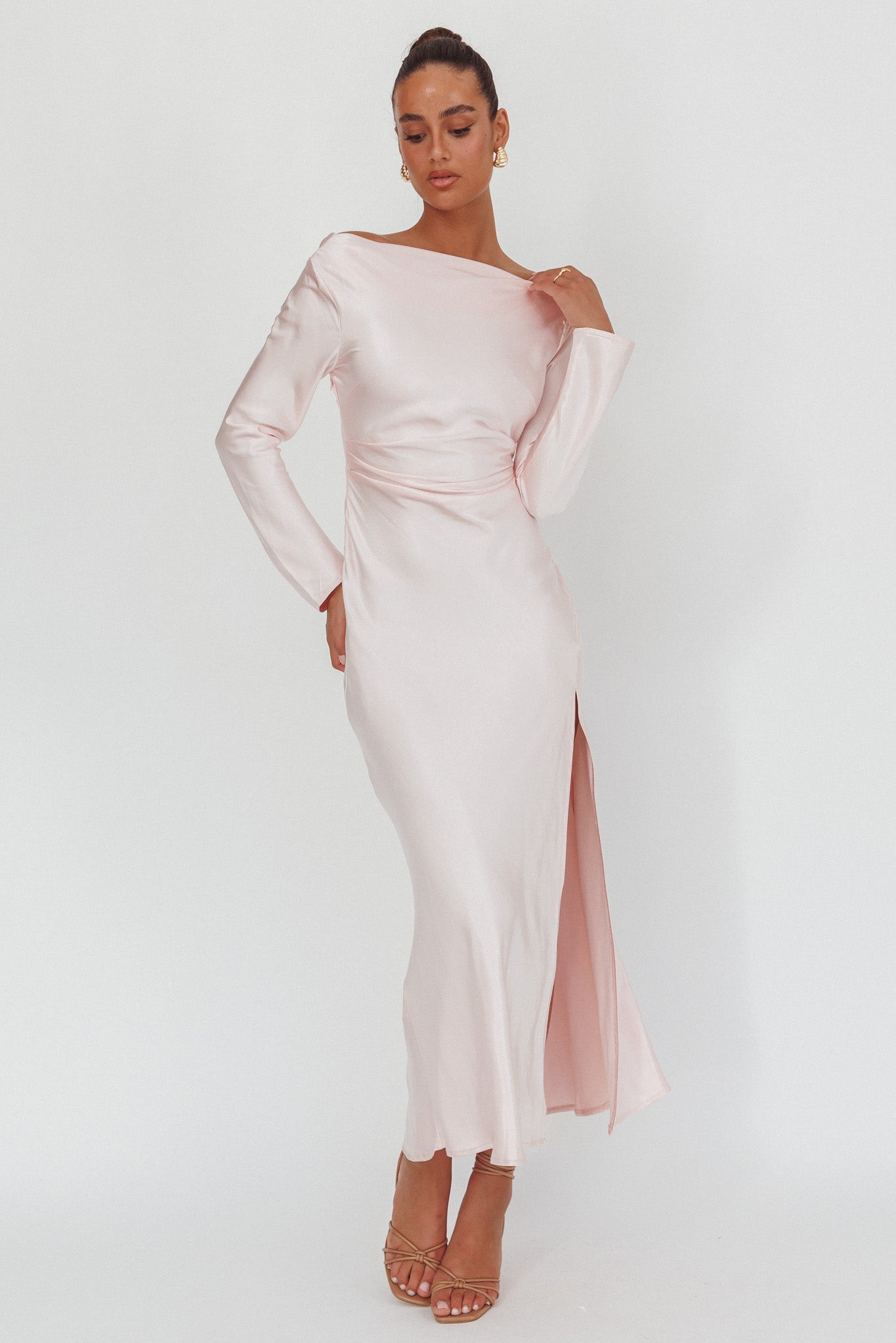 Loveland Long Sleeve Cowl Back Maxi Dress Pink-Maymioy