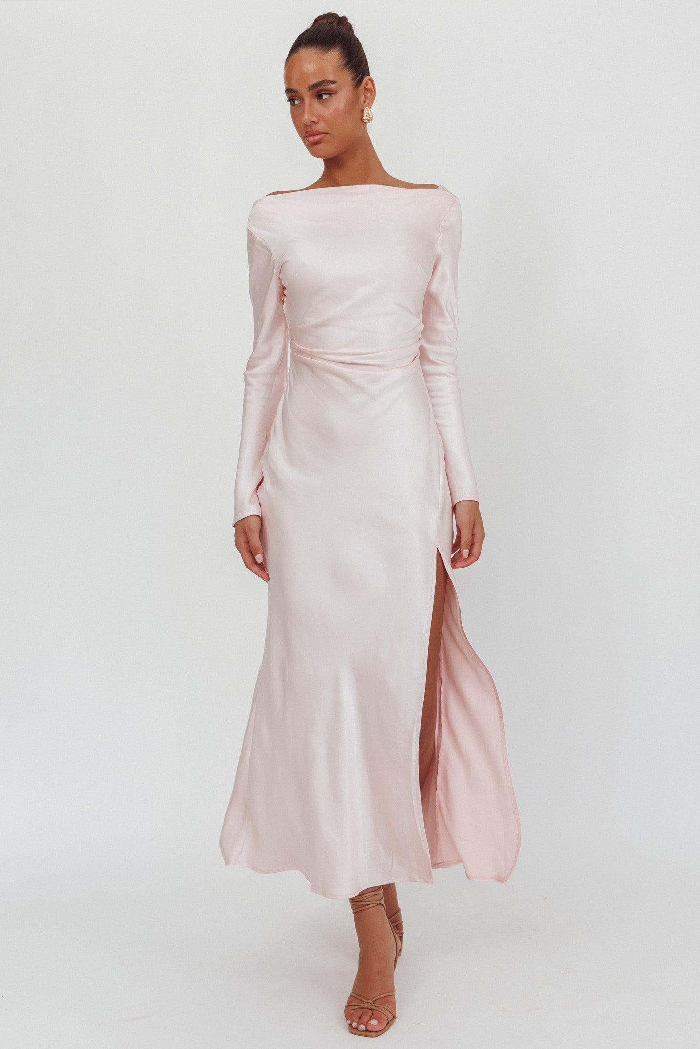 Loveland Long Sleeve Cowl Back Maxi Dress Pink-Maymioy