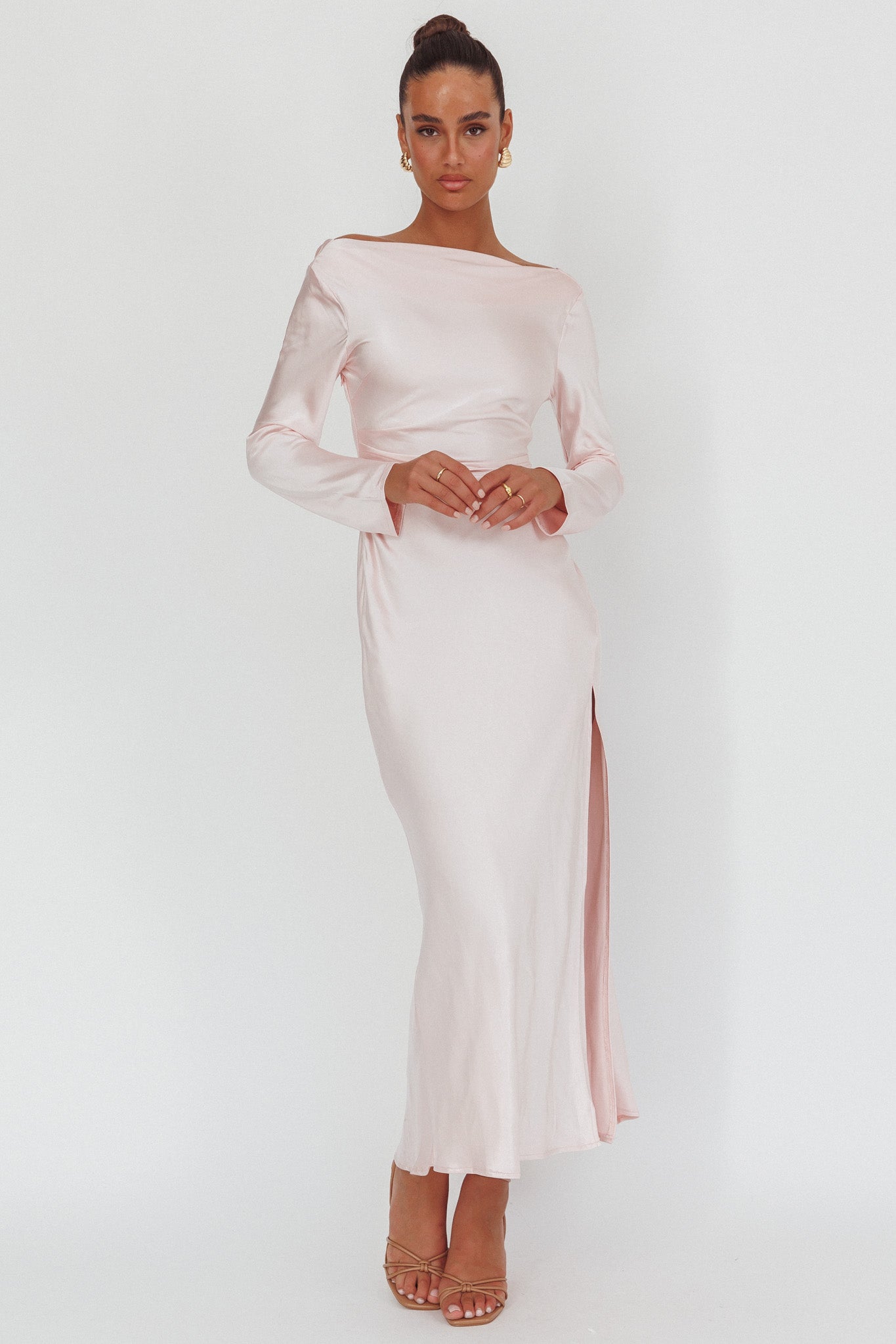 Loveland Long Sleeve Cowl Back Maxi Dress Pink-Maymioy