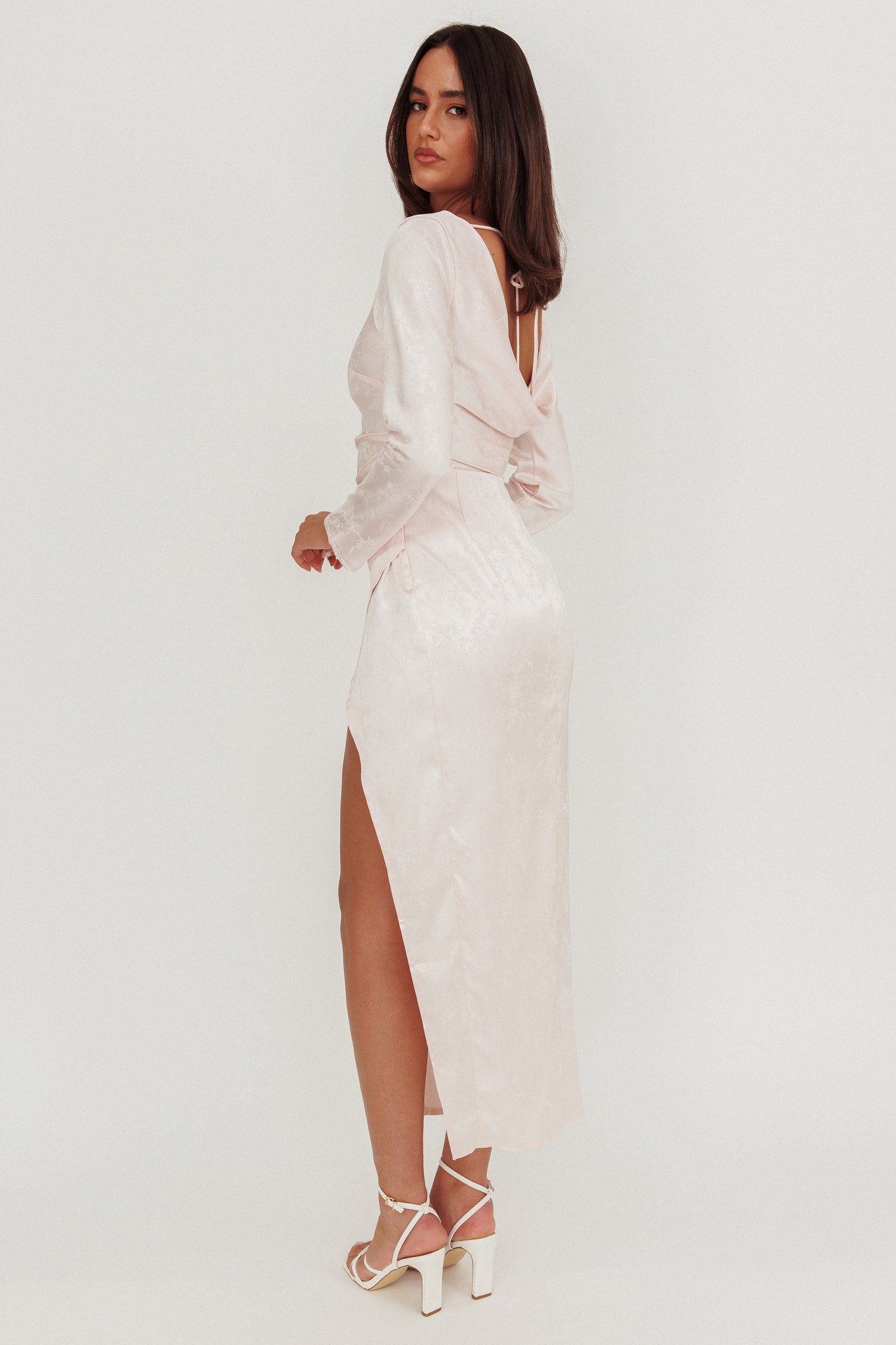 Loveland Long Sleeve Cowl Back Maxi Dress Blush-Maymioy