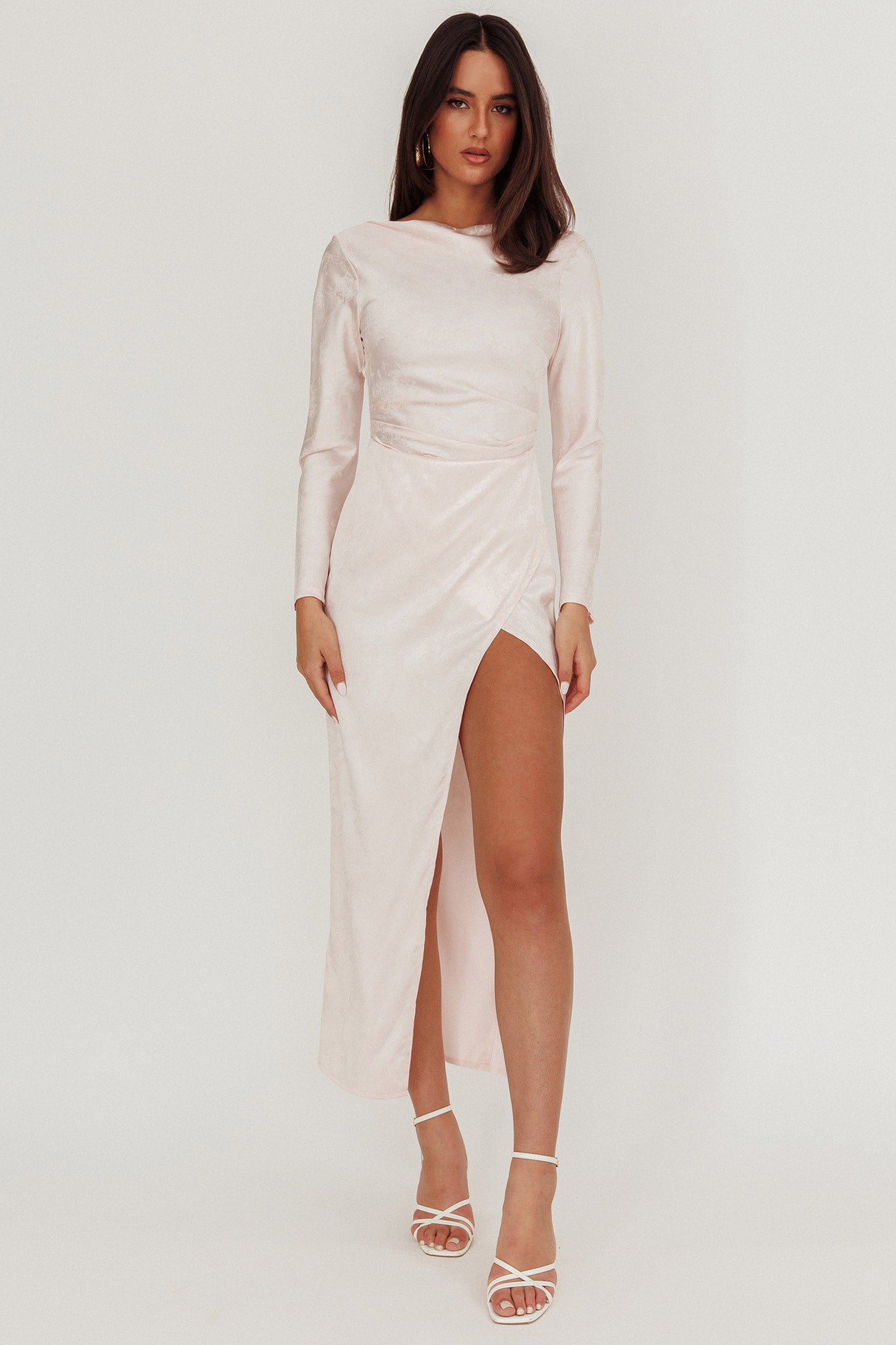 Loveland Long Sleeve Cowl Back Maxi Dress Blush-Maymioy