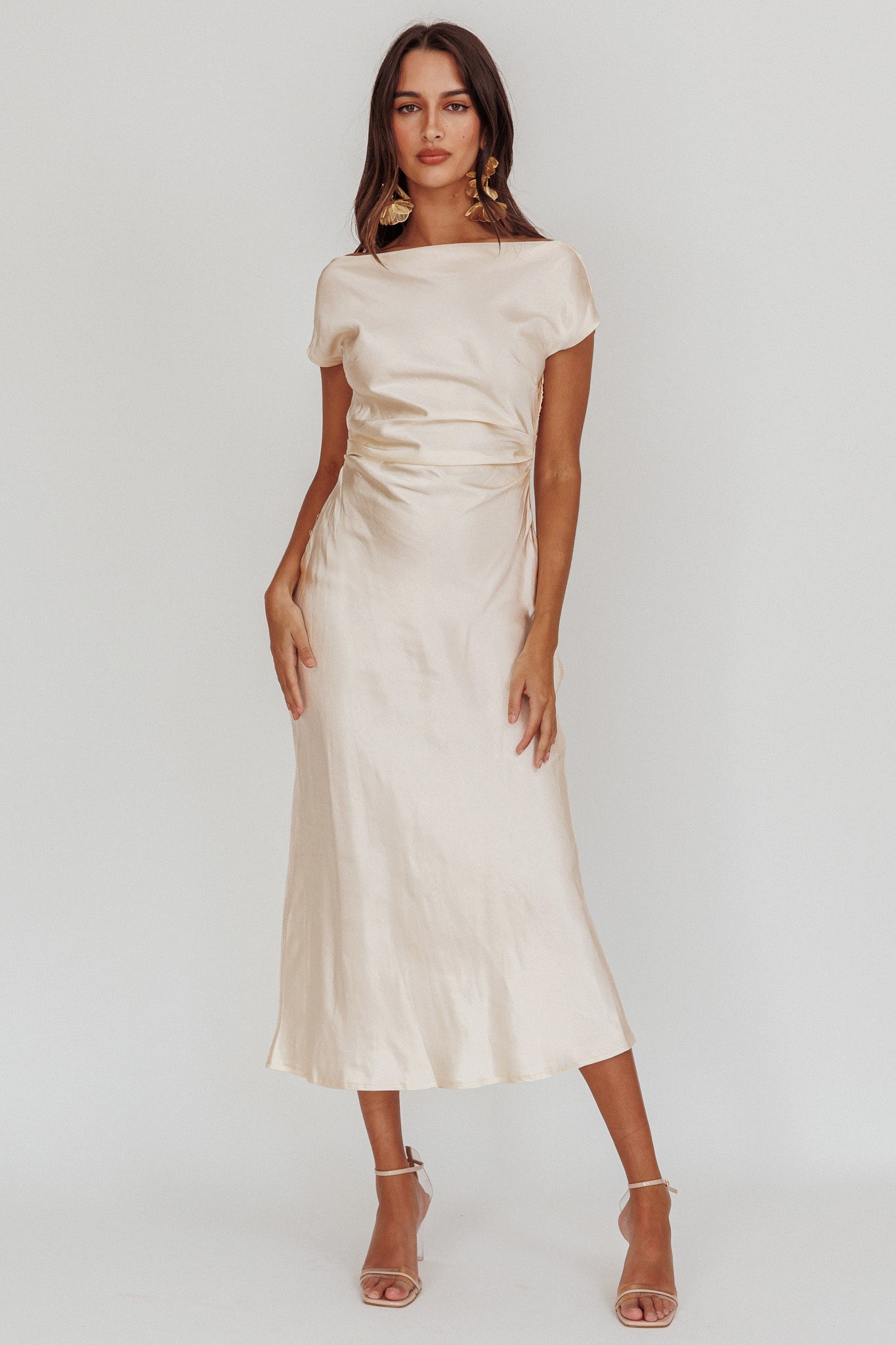 Loveland Cap Sleeve Cowl Back Midi Dress Oyster-Maymioy