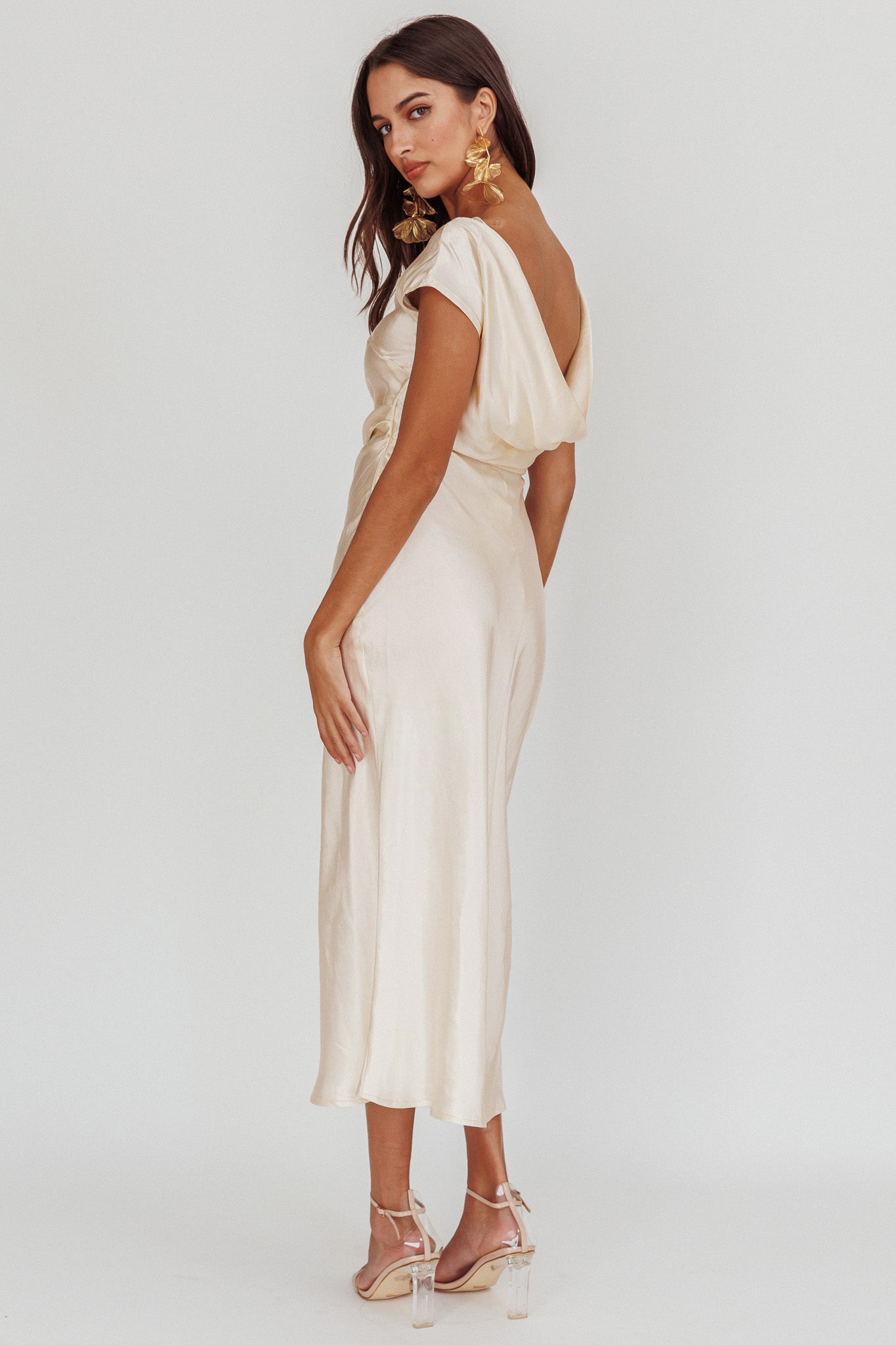 Loveland Cap Sleeve Cowl Back Midi Dress Oyster-Maymioy