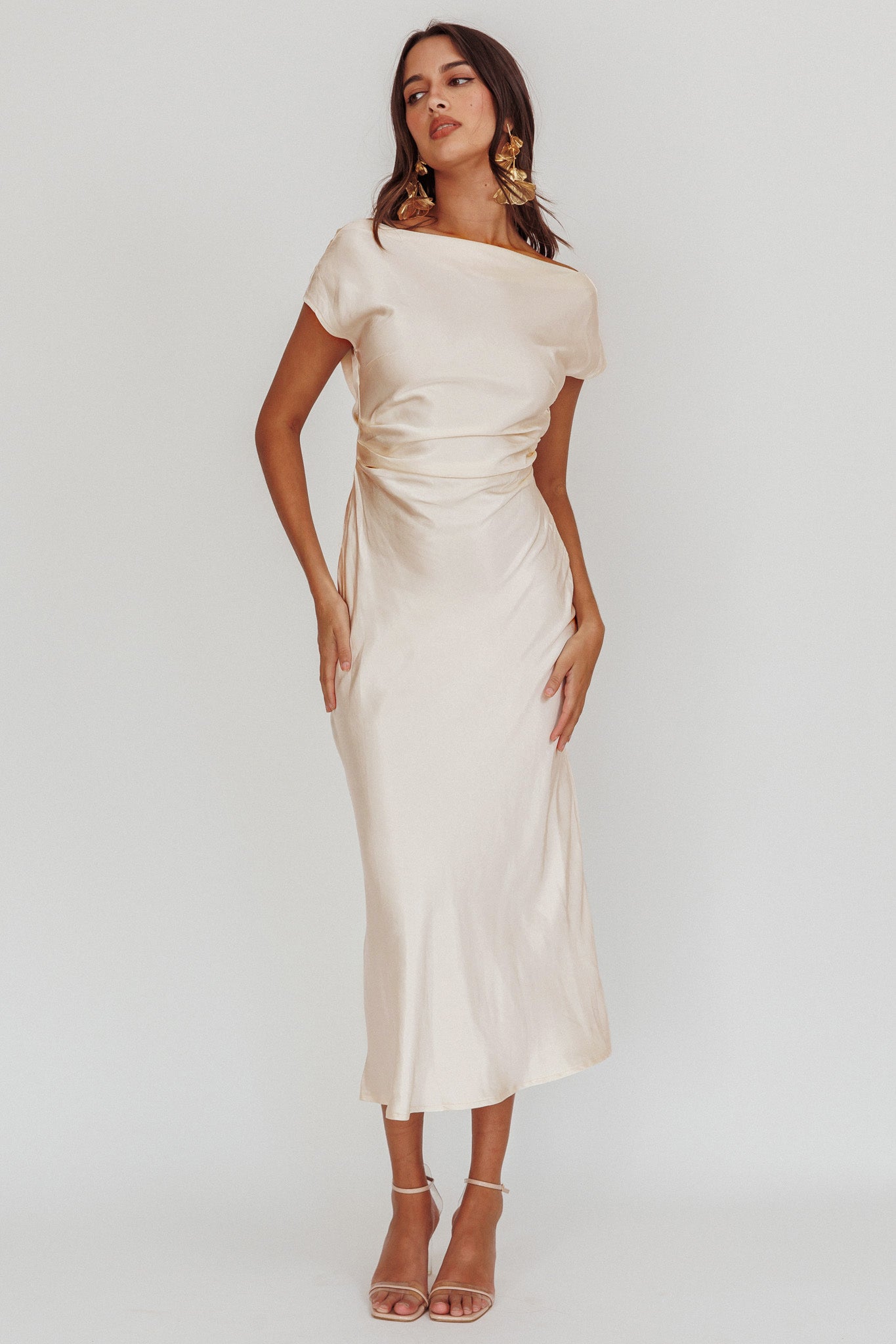 Loveland Cap Sleeve Cowl Back Midi Dress Oyster-Maymioy