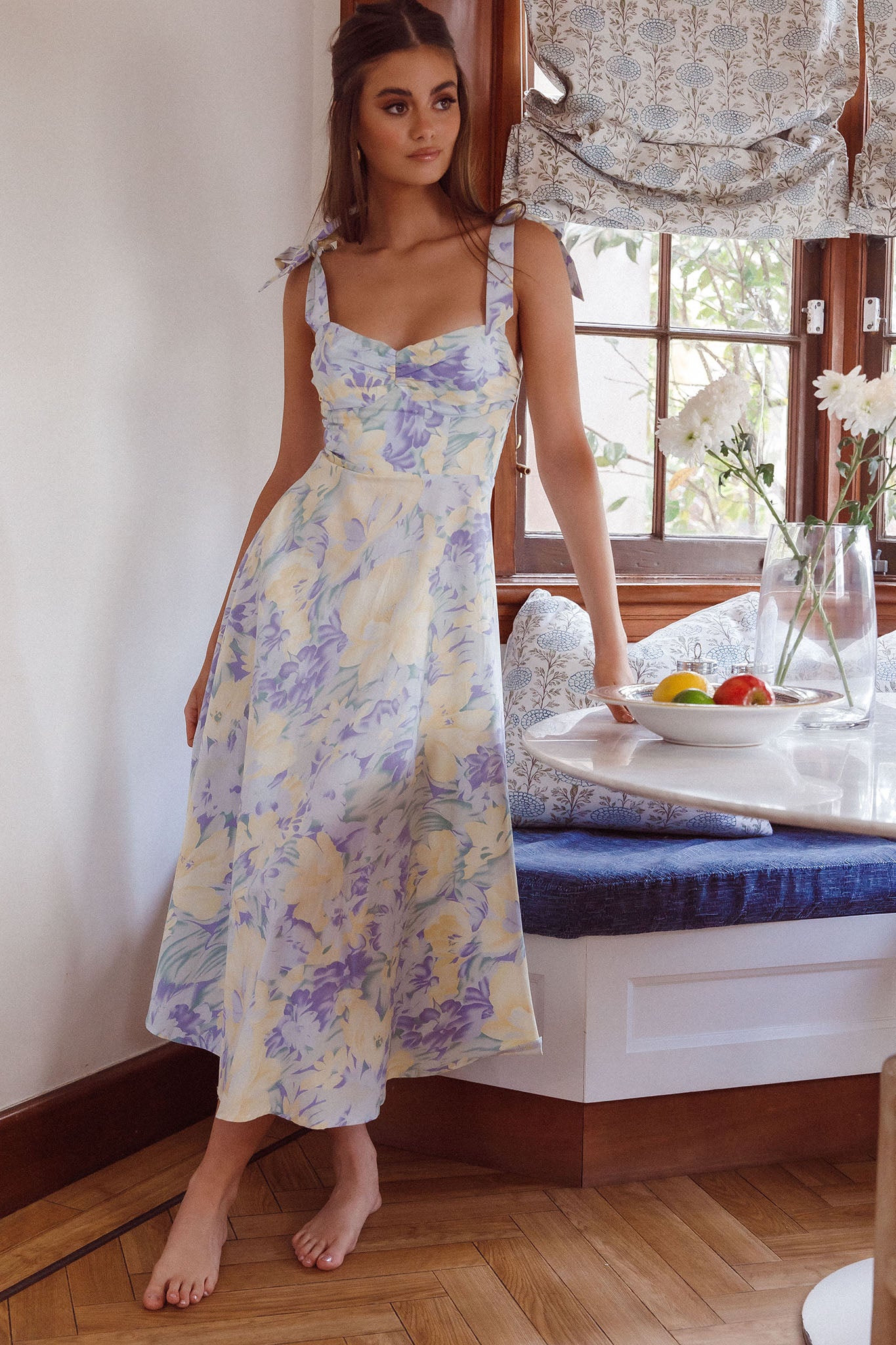 Sweet Pea Tied Shoulder Midi Dress Floral Purple-Maymioy