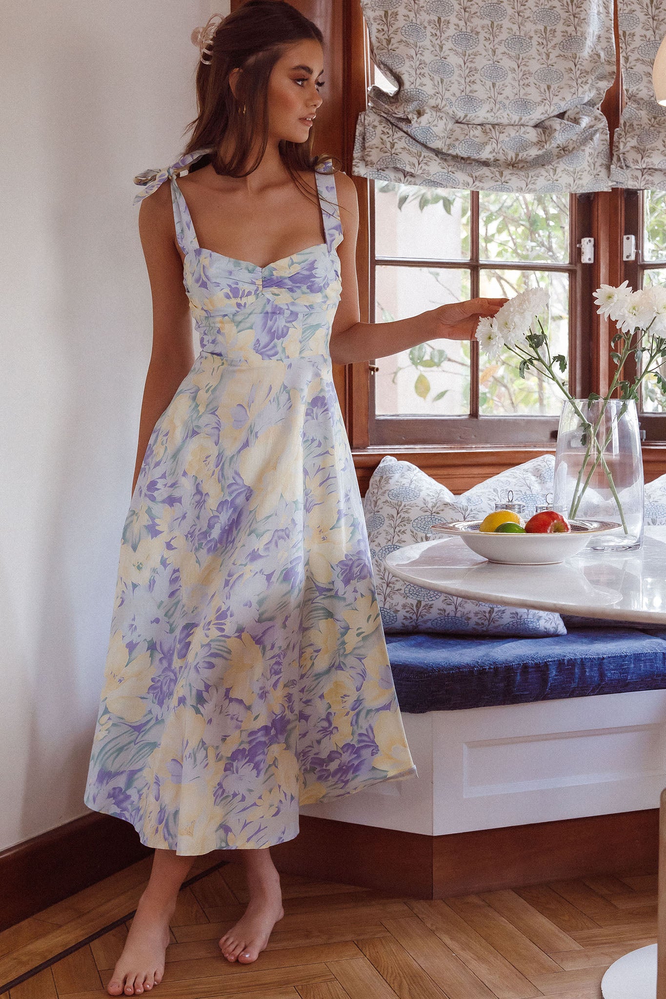Sweet Pea Tied Shoulder Midi Dress Floral Purple-Maymioy