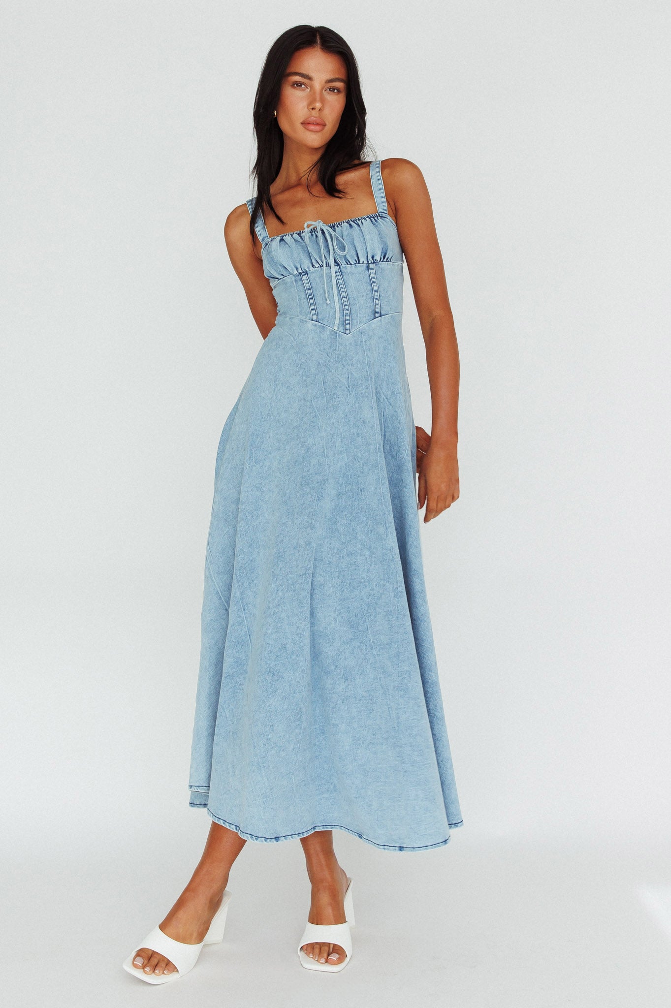 Sweet Pea Tied Bust Maxi Dress Denim Blue-Maymioy