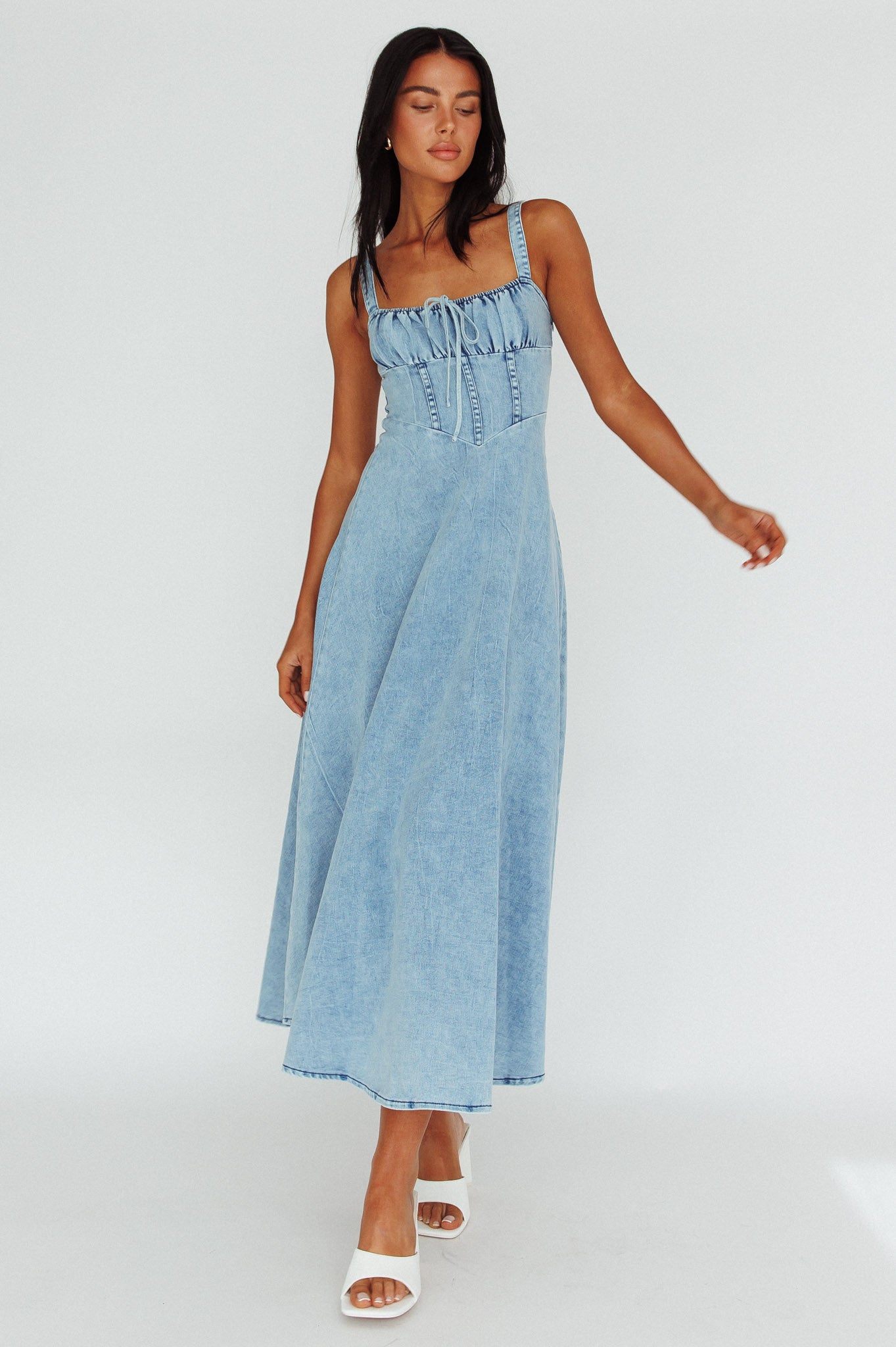 Sweet Pea Tied Bust Maxi Dress Denim Blue-Maymioy