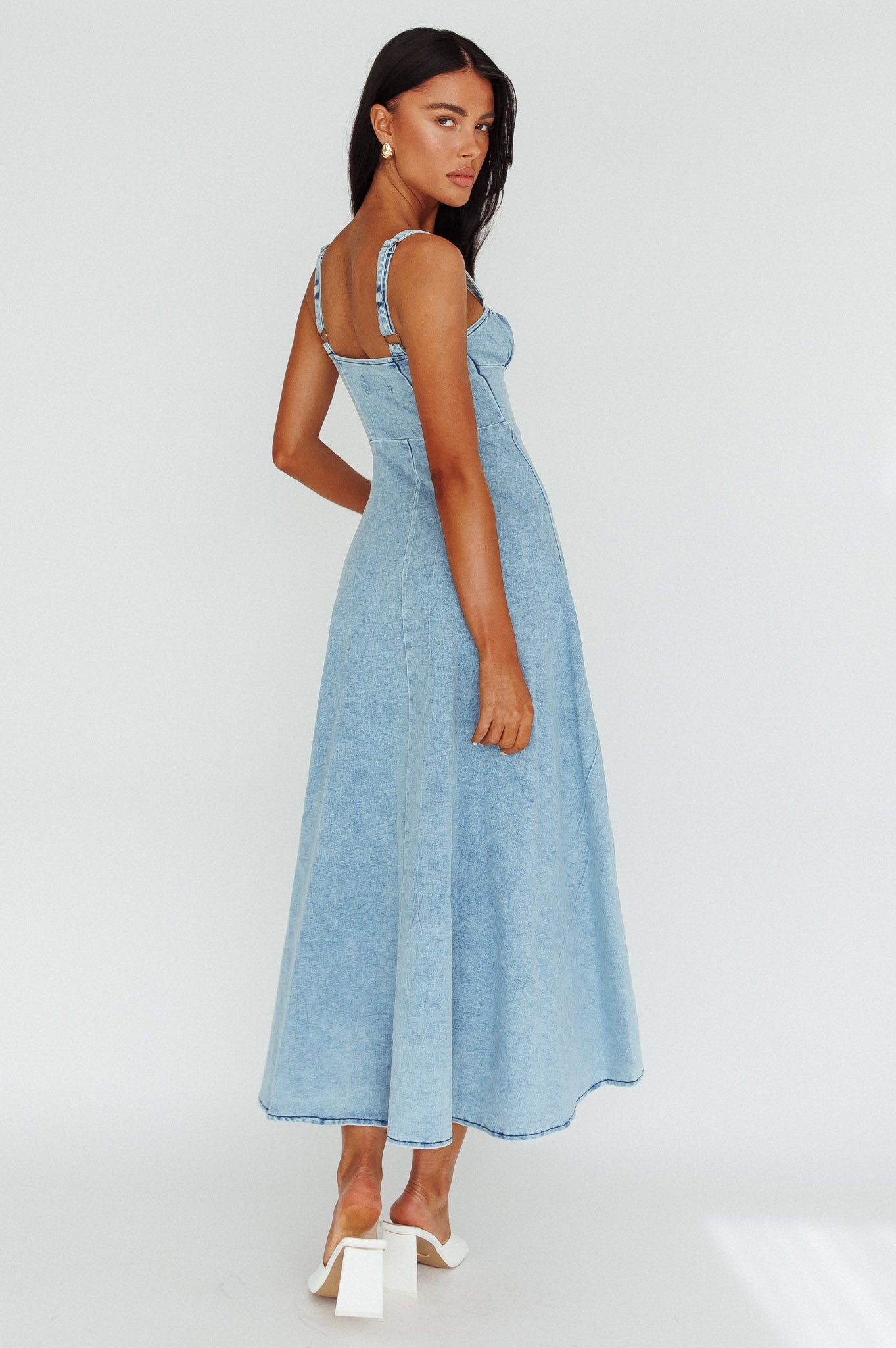 Sweet Pea Tied Bust Maxi Dress Denim Blue-Maymioy