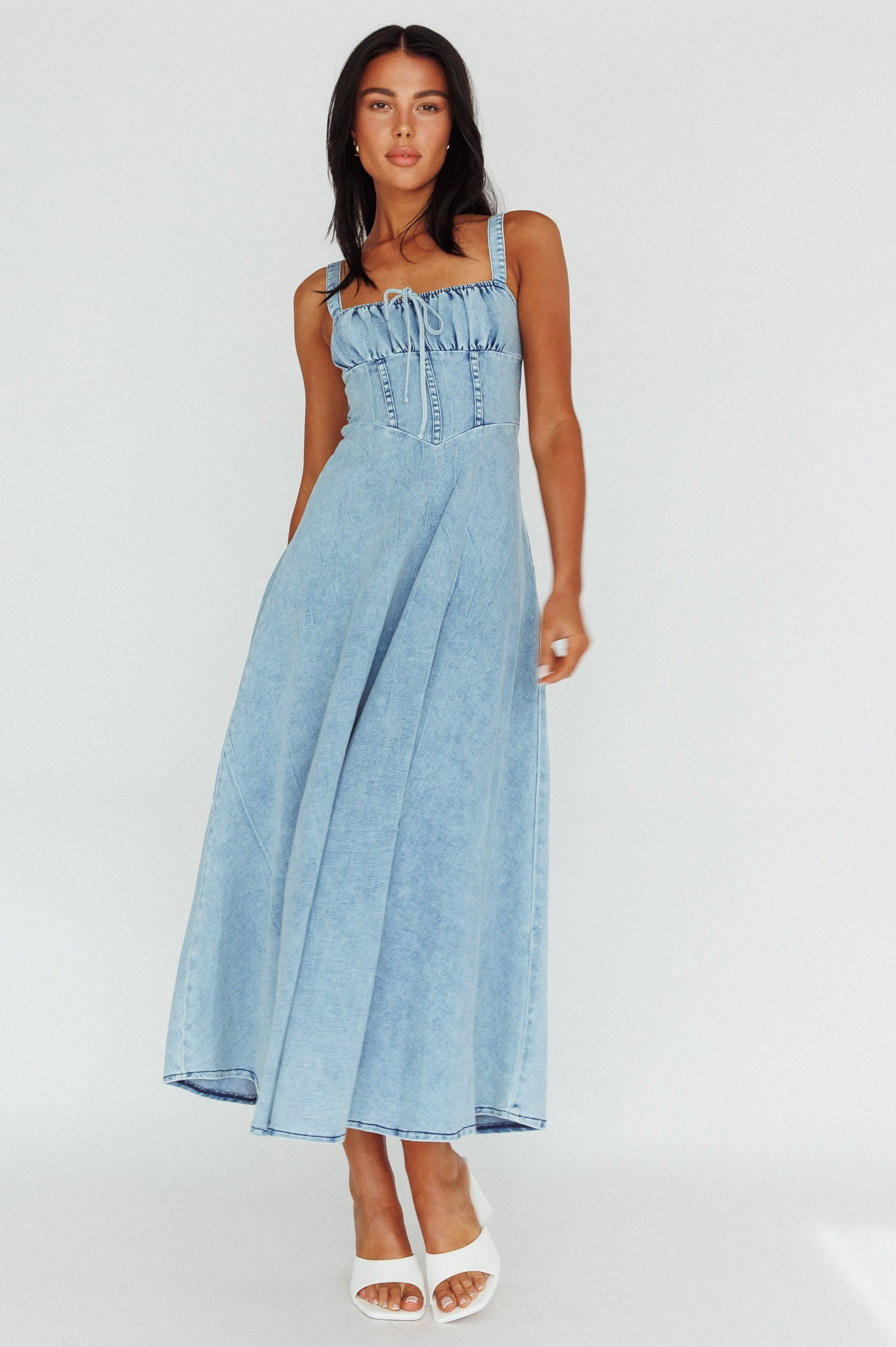 Sweet Pea Tied Bust Maxi Dress Denim Blue-Maymioy