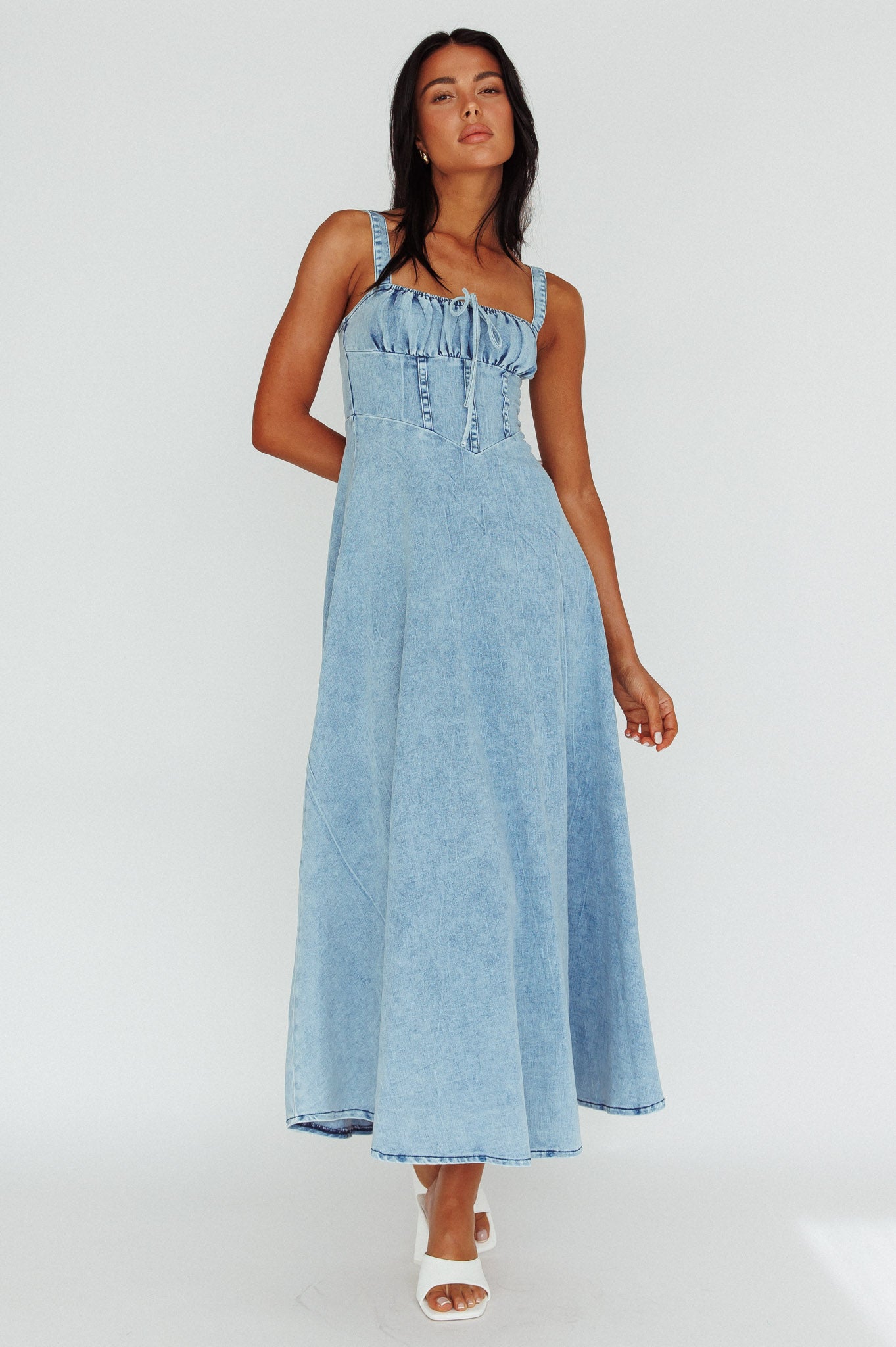 Sweet Pea Tied Bust Maxi Dress Denim Blue-Maymioy