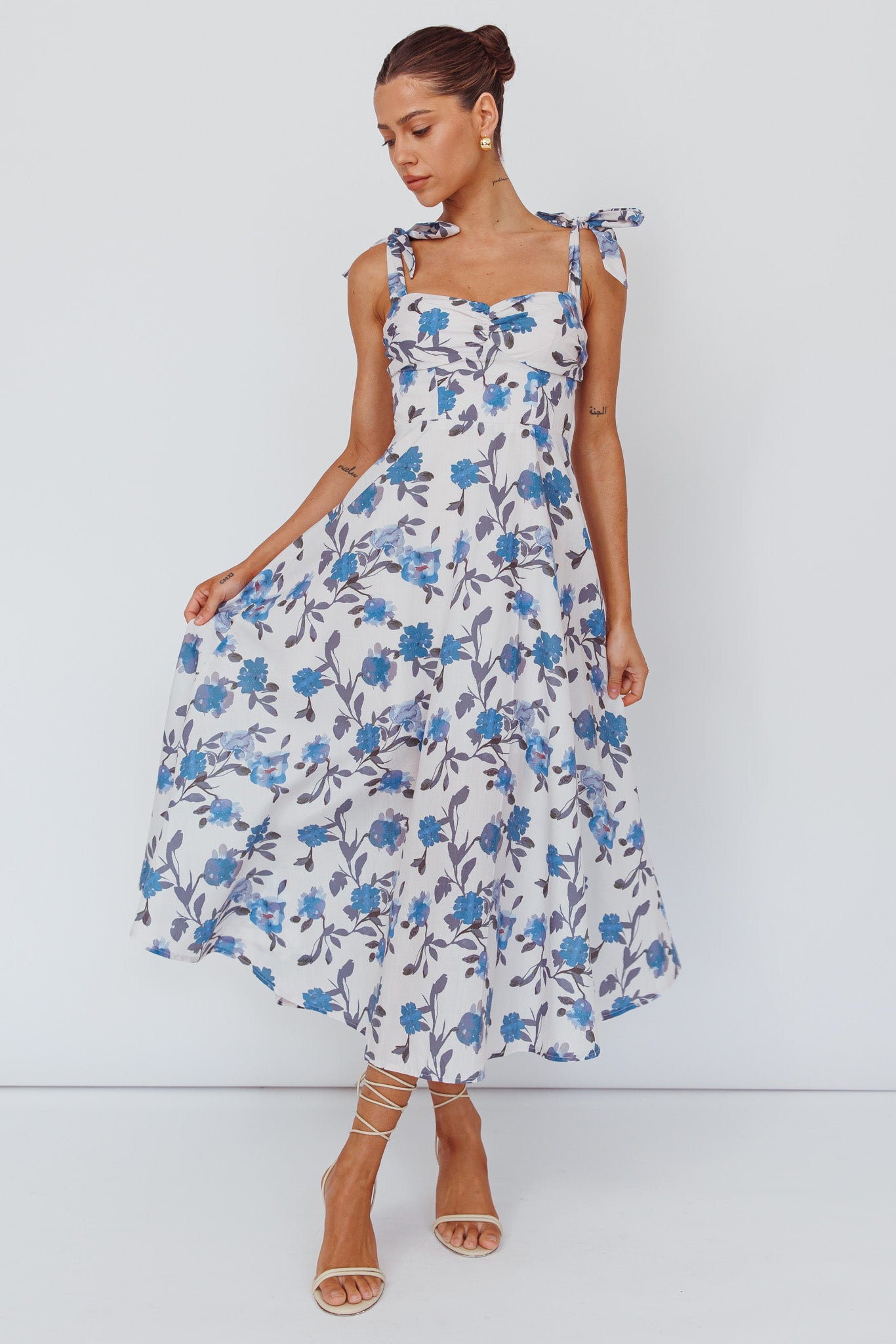 Sweet Pea Tied Bust Midi Dress Flower Blue-Maymioy