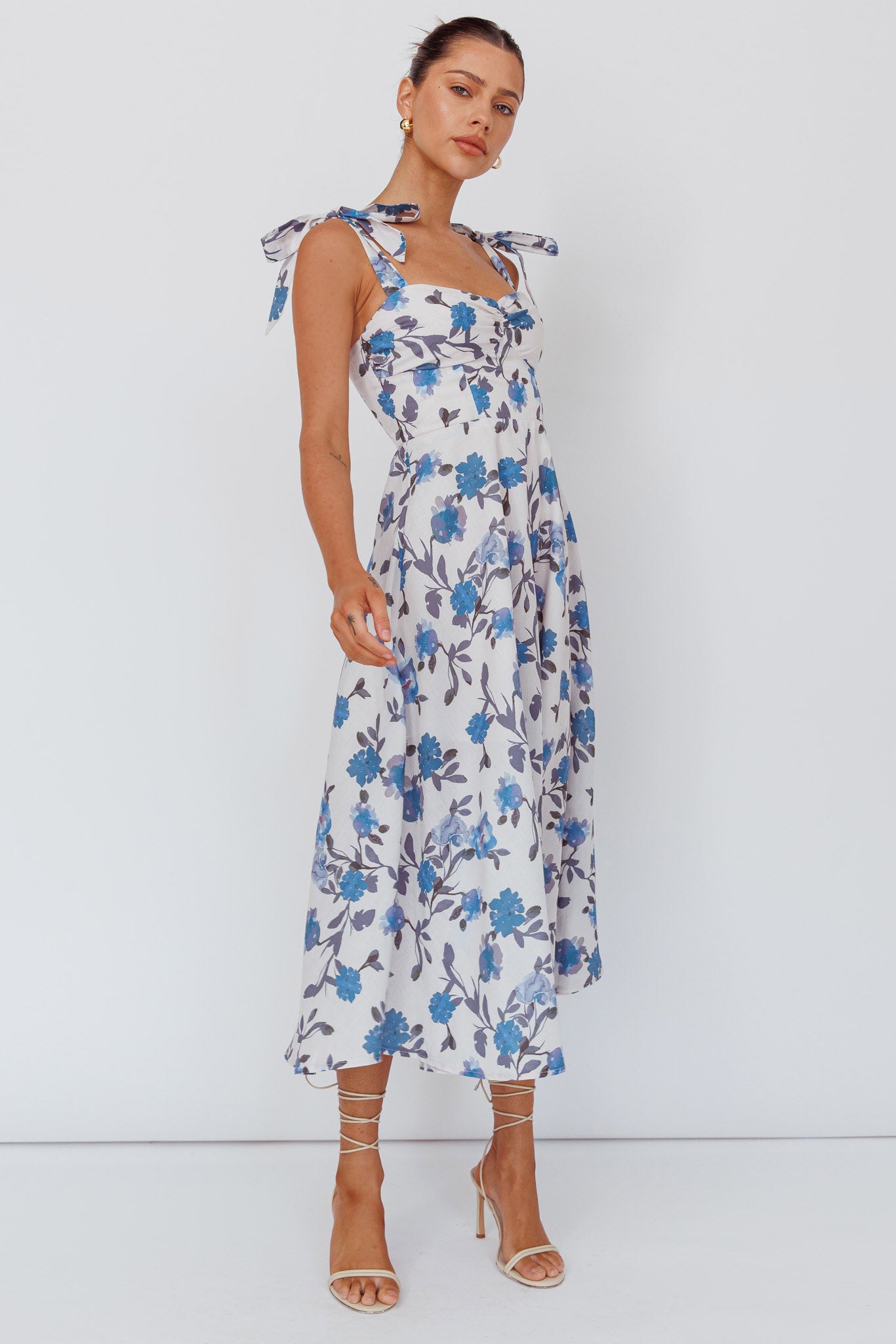 Sweet Pea Tied Bust Midi Dress Flower Blue-Maymioy