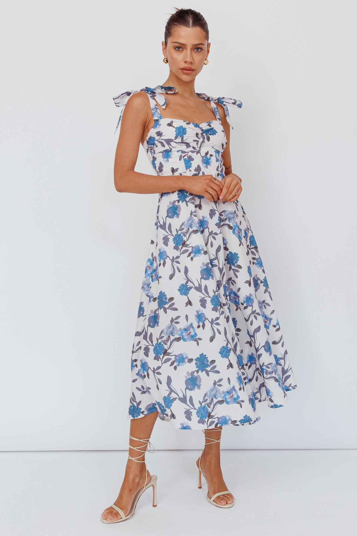 Sweet Pea Tied Bust Midi Dress Flower Blue-Maymioy