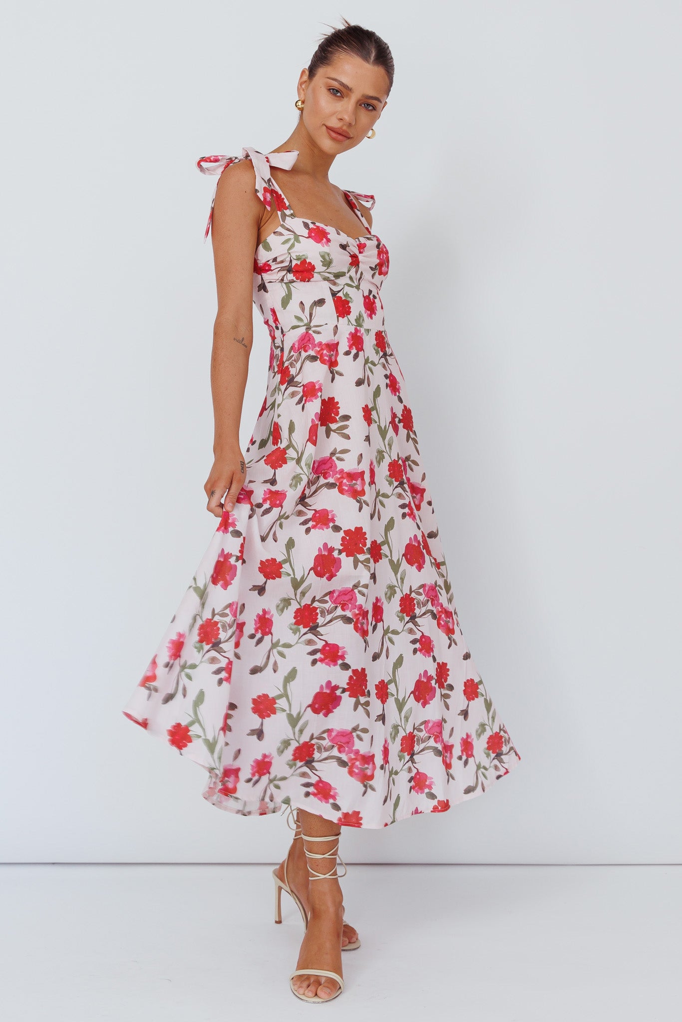 Sweet Pea Tied Bust Midi Dress Flower Pink-Maymioy