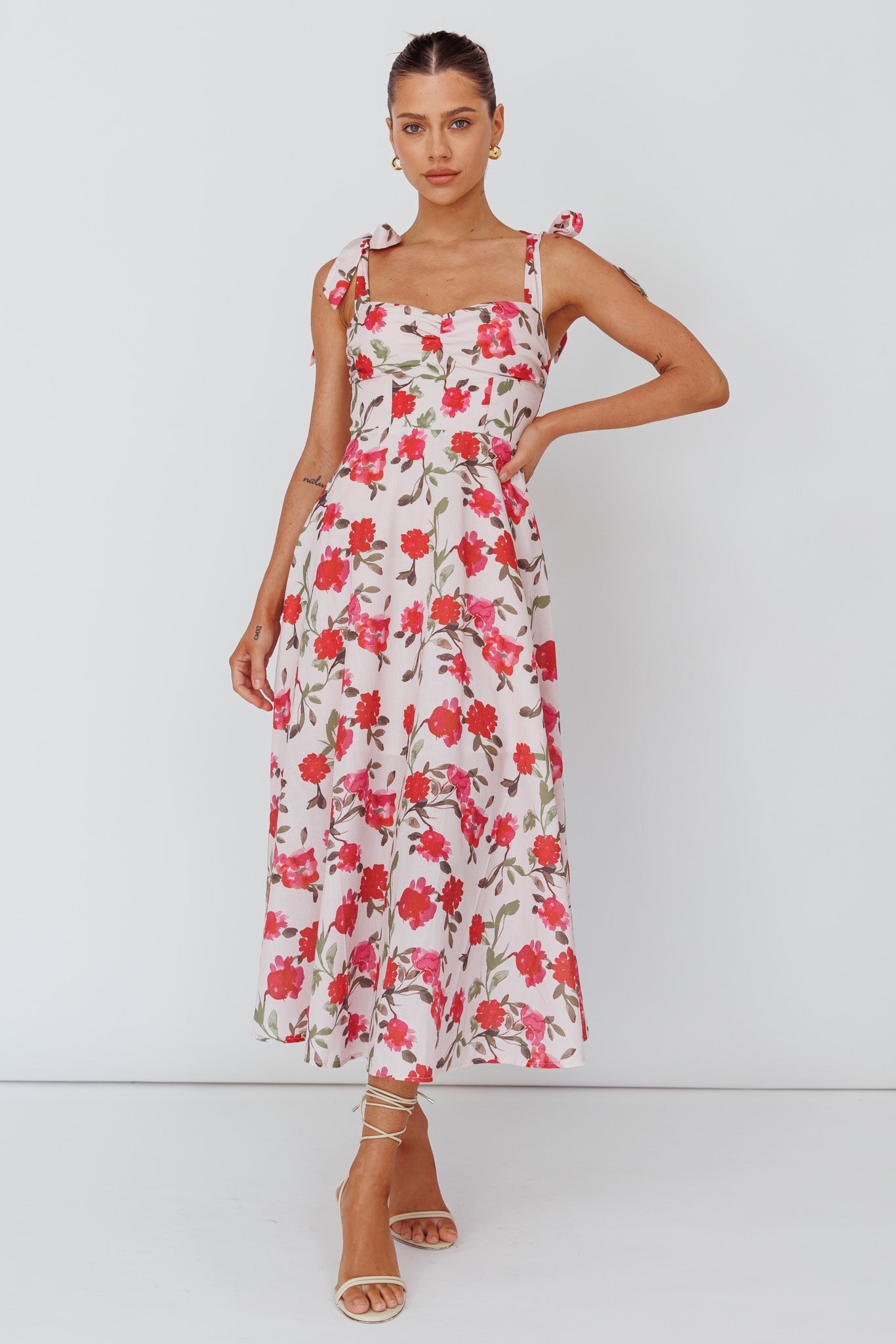 Sweet Pea Tied Bust Midi Dress Flower Pink-Maymioy