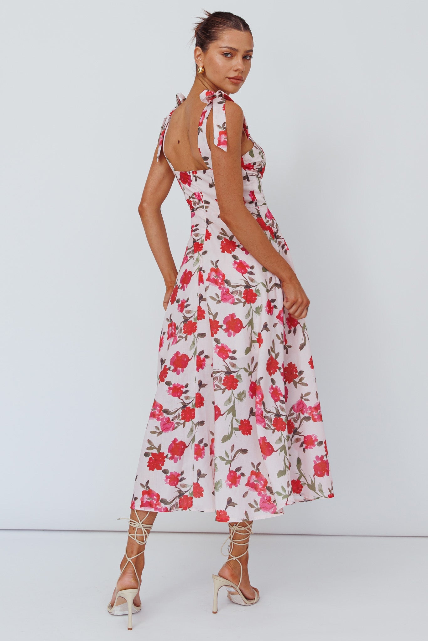 Sweet Pea Tied Bust Midi Dress Flower Pink-Maymioy