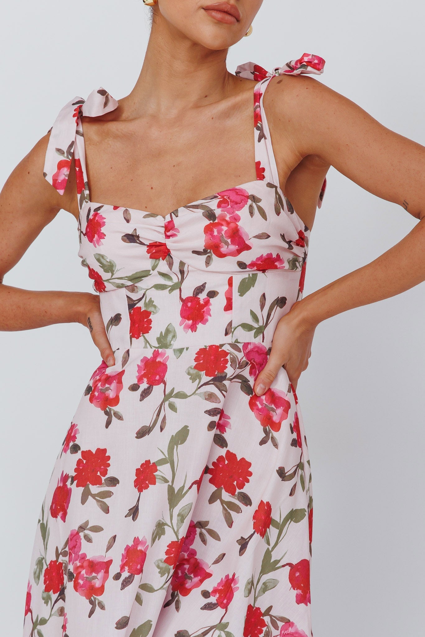 Sweet Pea Tied Bust Midi Dress Flower Pink-Maymioy