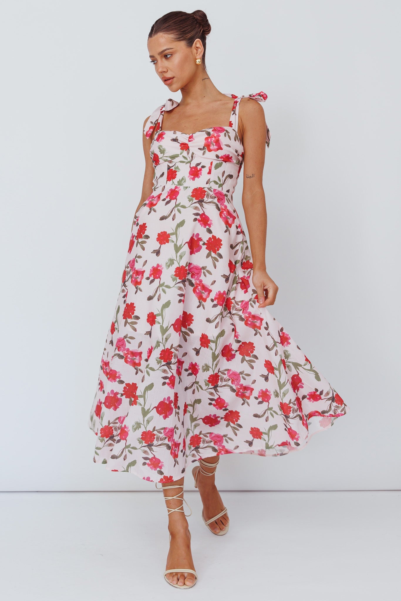 Sweet Pea Tied Bust Midi Dress Flower Pink-Maymioy