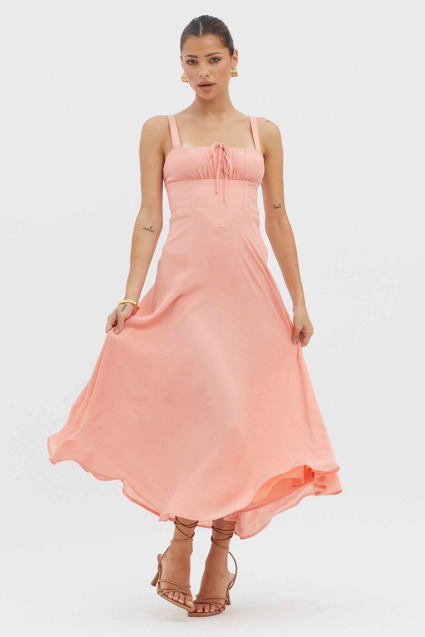 Sweet Pea Tied Bust A-Line Midi Dress Peach-Maymioy