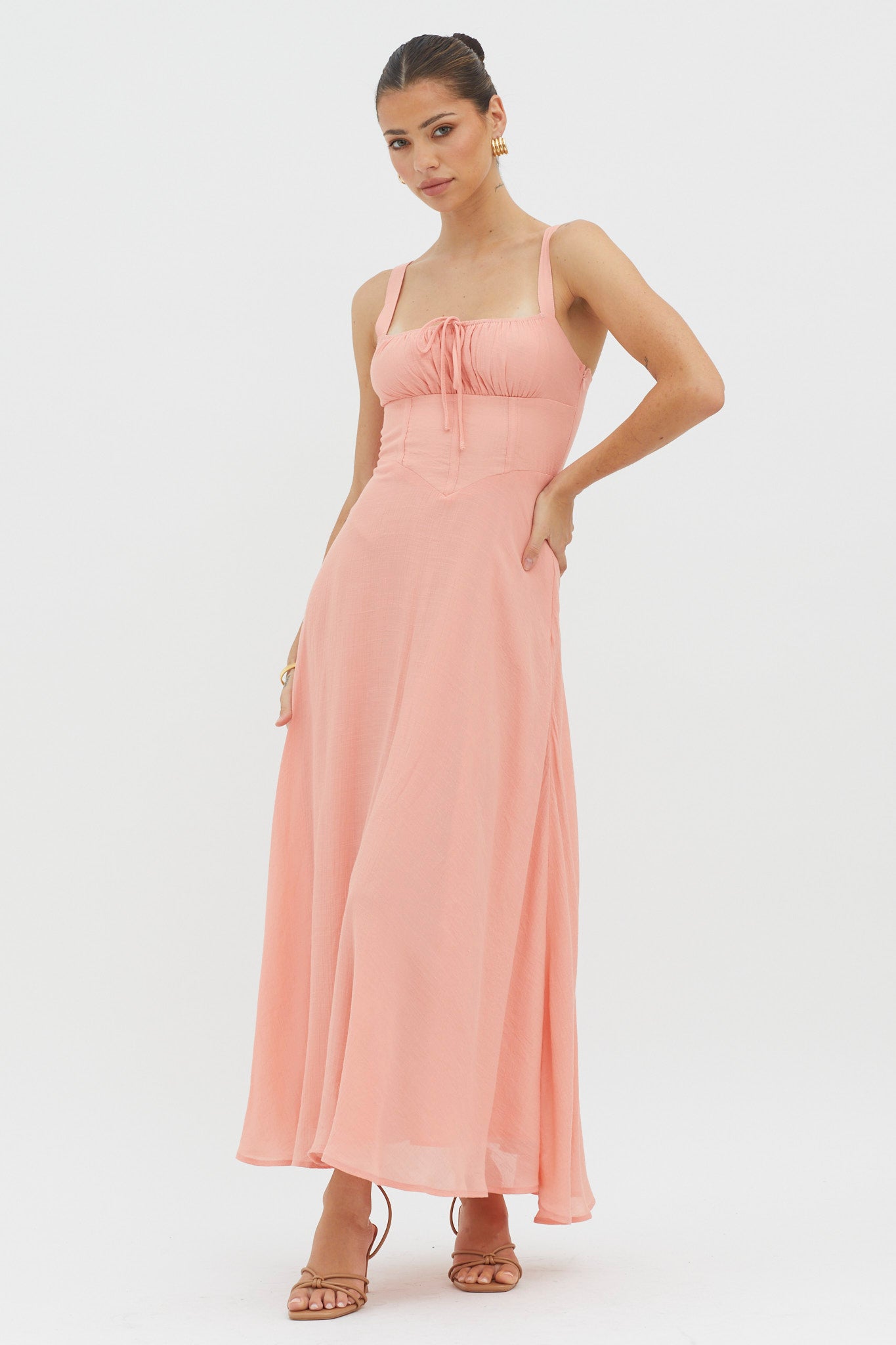 Sweet Pea Tied Bust A-Line Midi Dress Peach-Maymioy