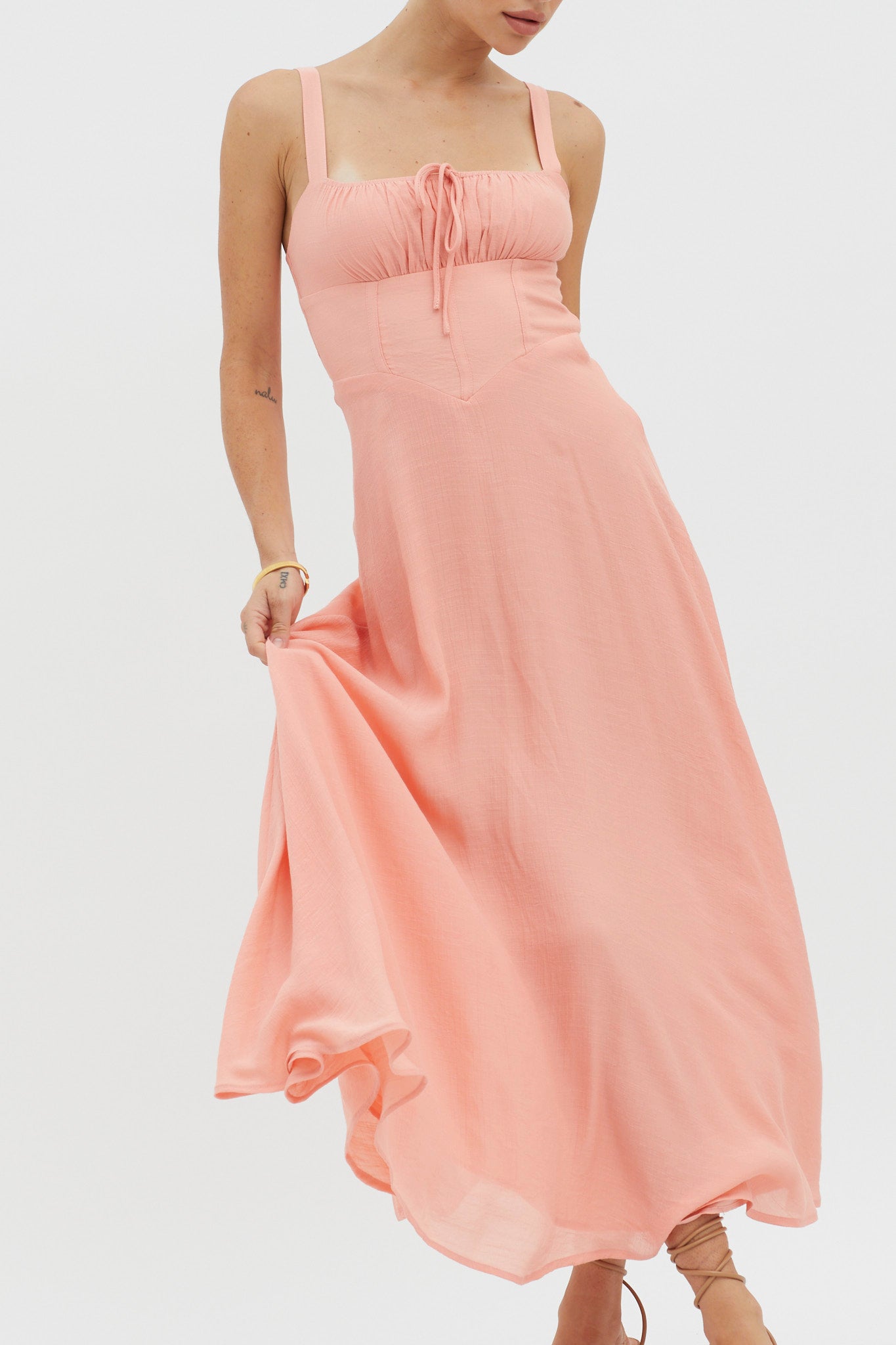 Sweet Pea Tied Bust A-Line Midi Dress Peach-Maymioy