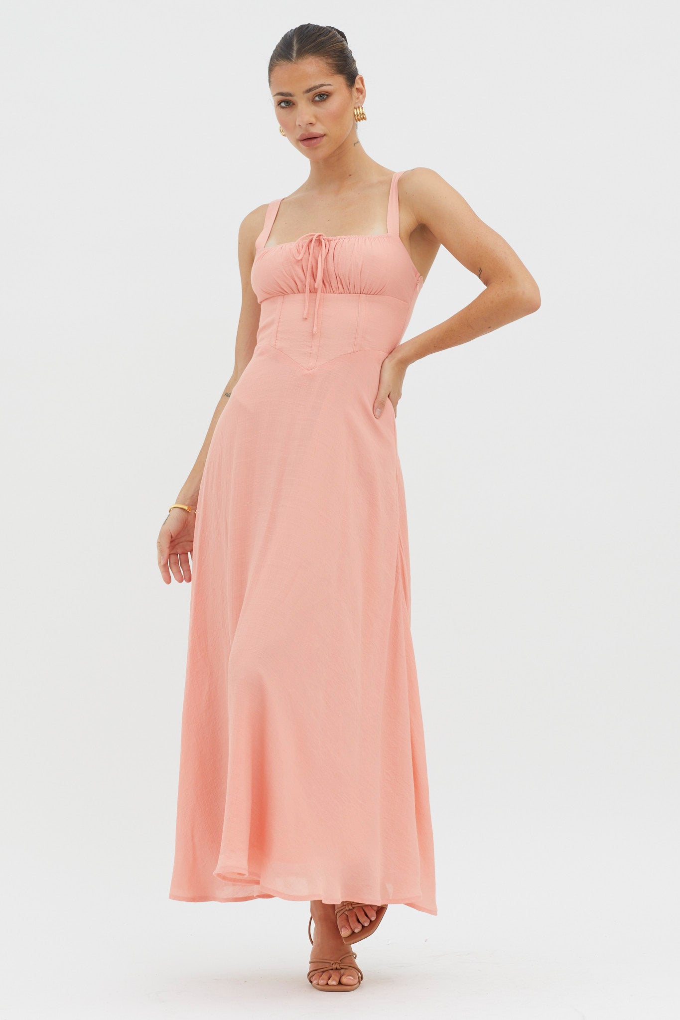 Sweet Pea Tied Bust A-Line Midi Dress Peach-Maymioy