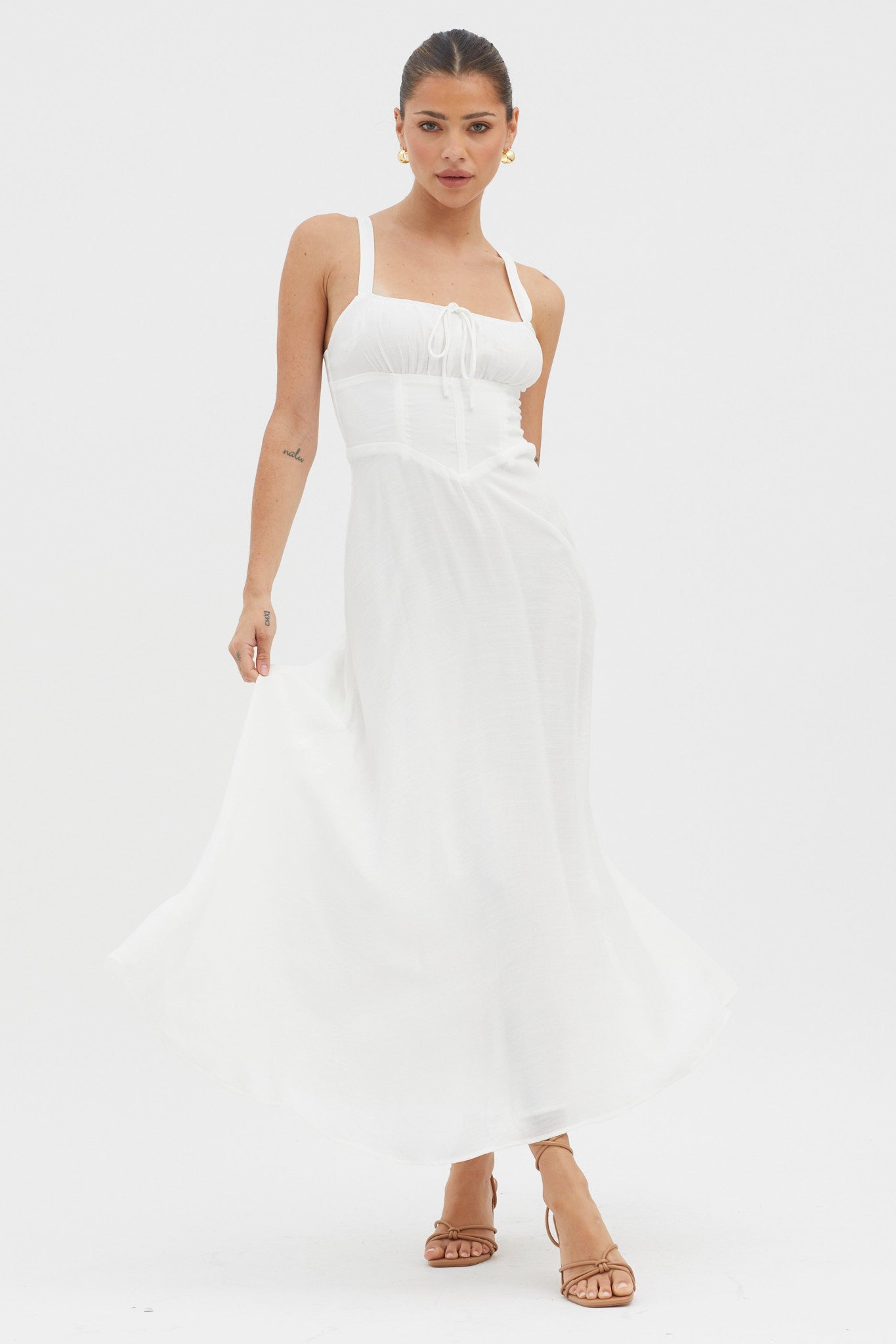 Sweet Pea Tied Bust A-Line Midi Dress White-Maymioy