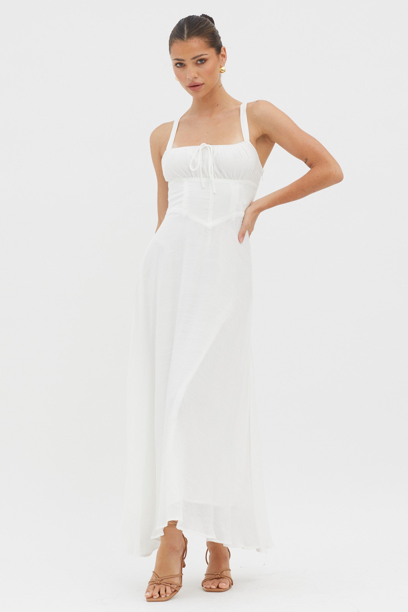 Sweet Pea Tied Bust A-Line Midi Dress White-Maymioy