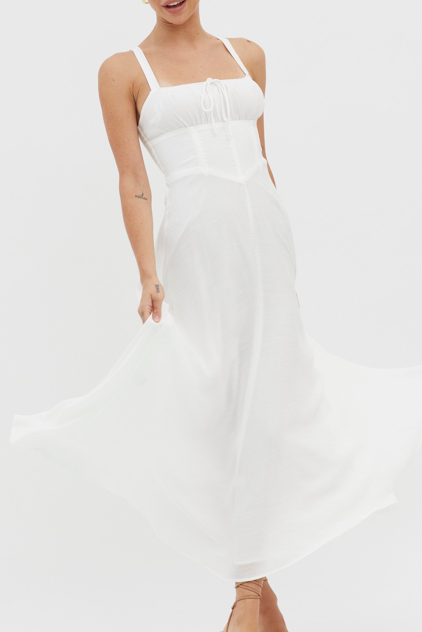 Sweet Pea Tied Bust A-Line Midi Dress White-Maymioy