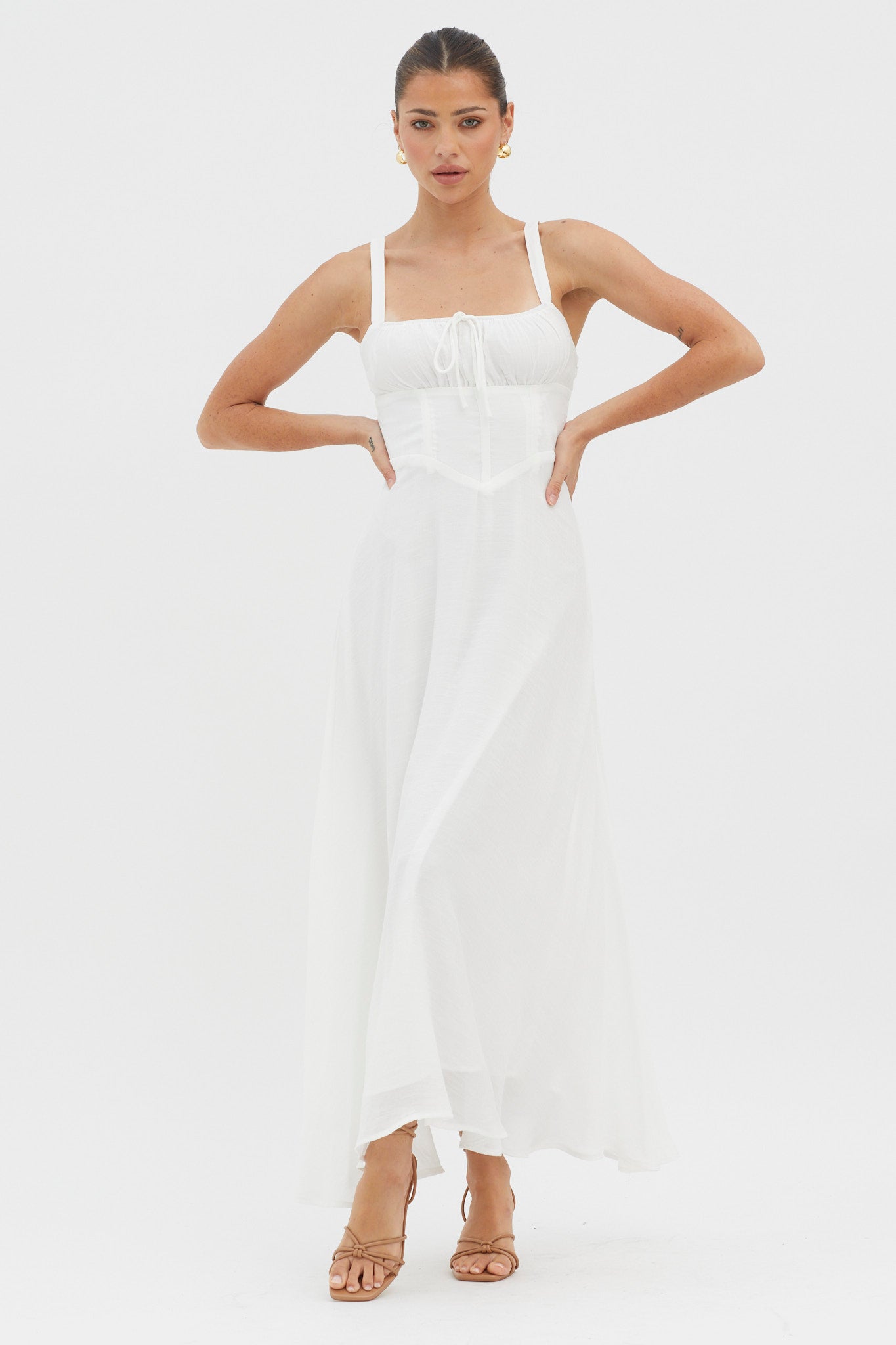 Sweet Pea Tied Bust A-Line Midi Dress White-Maymioy