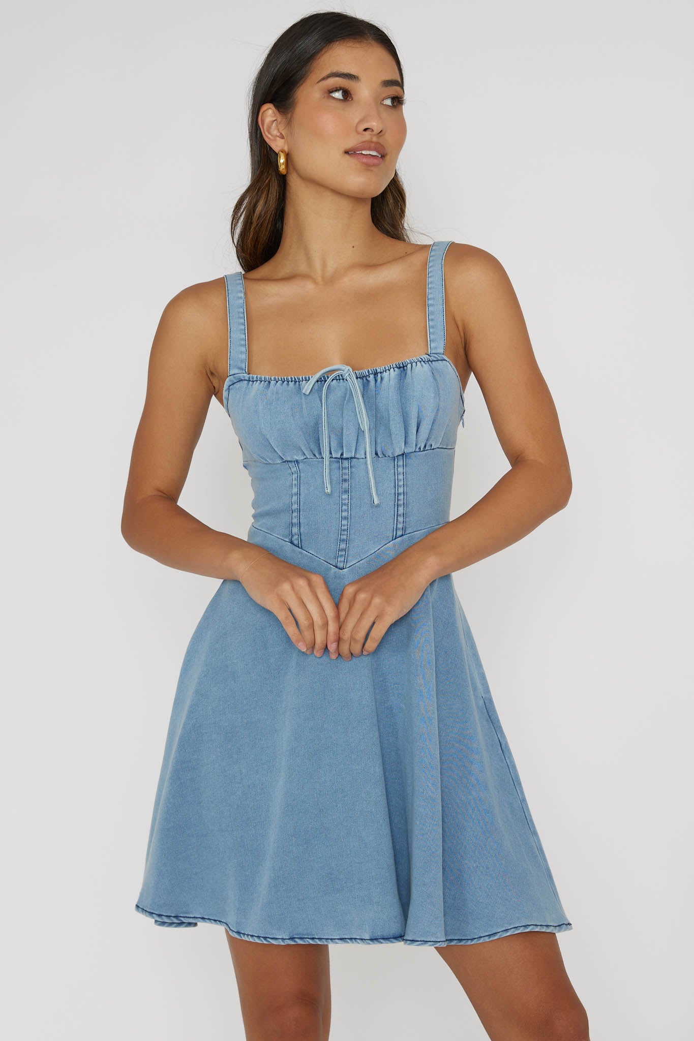 Sweet Pea Tied Bust Mini Dress Denim Blue-Maymioy