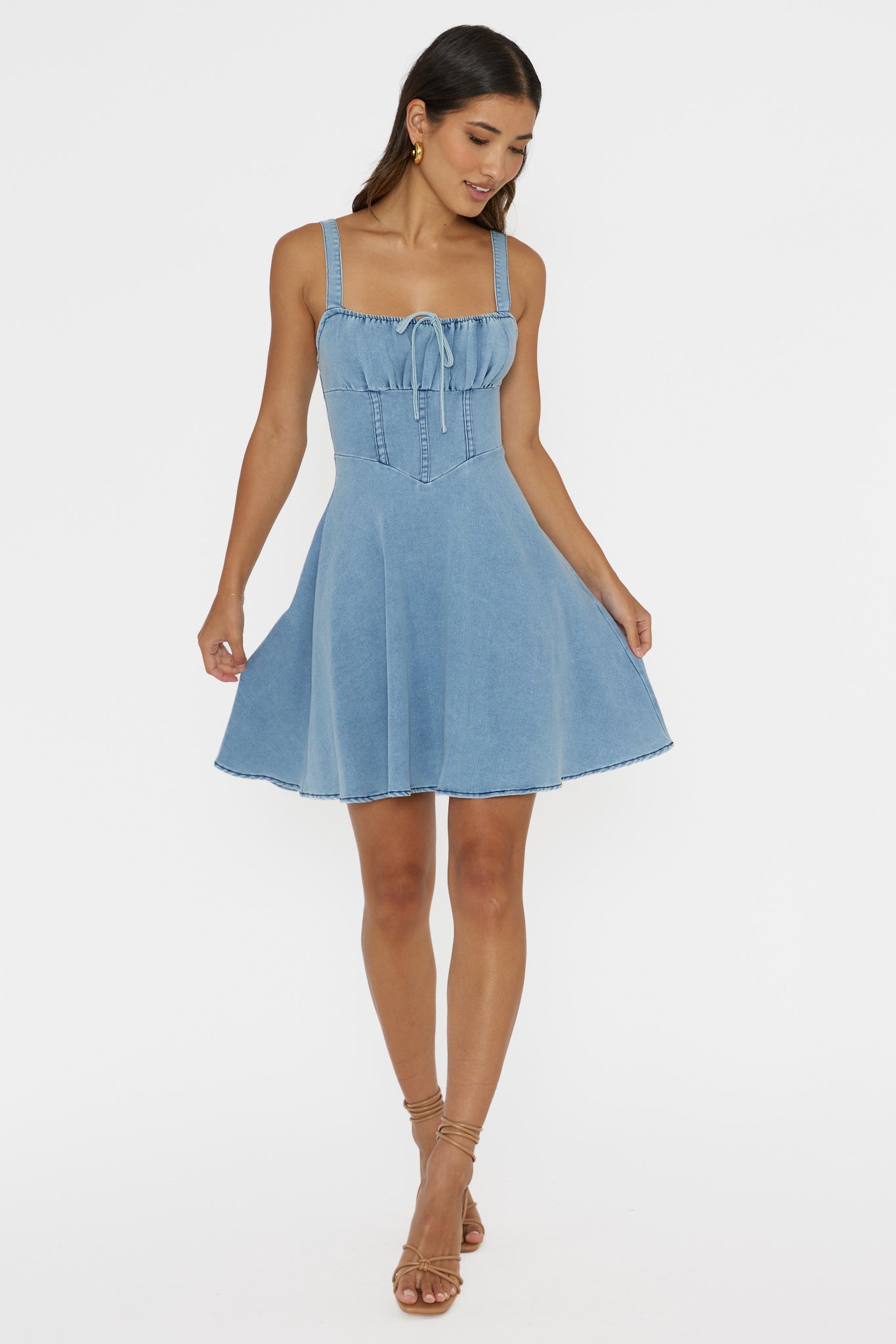 Sweet Pea Tied Bust Mini Dress Denim Blue-Maymioy