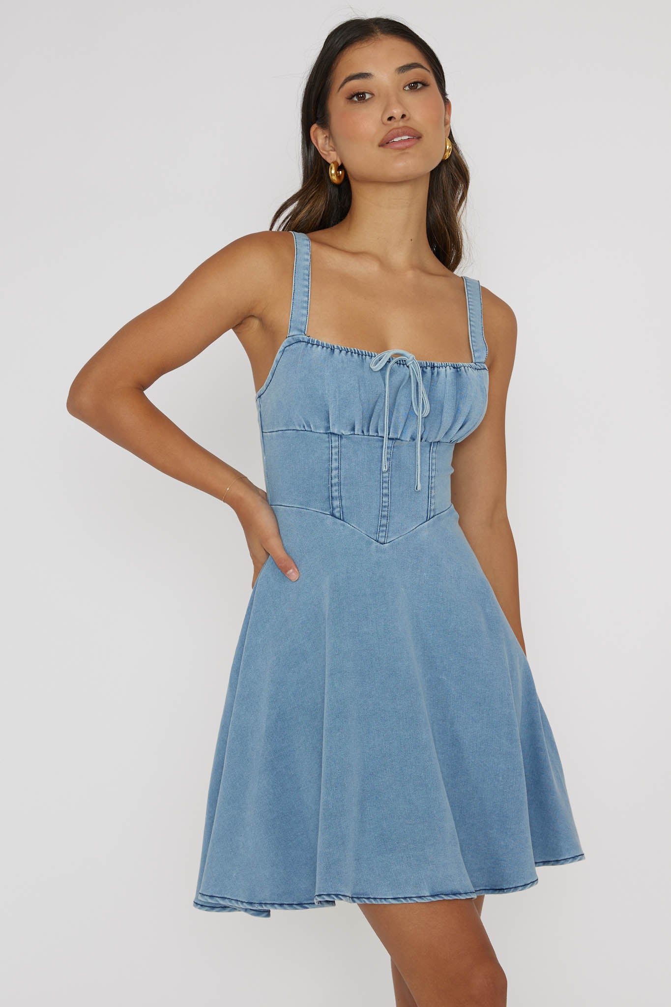 Sweet Pea Tied Bust Mini Dress Denim Blue-Maymioy