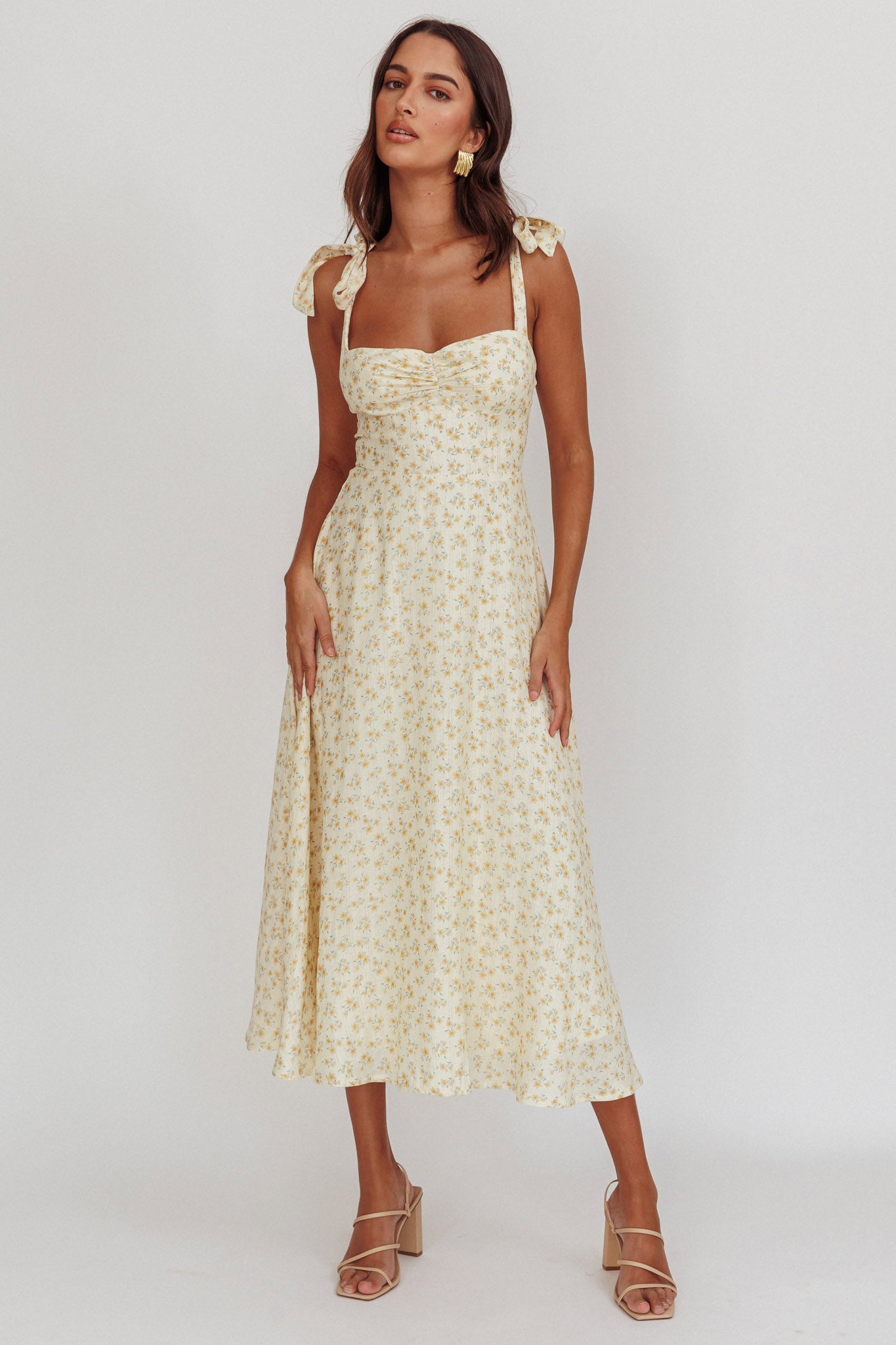 Sweet Pea Floral Tied Straps Midi Dress Yellow-Maymioy