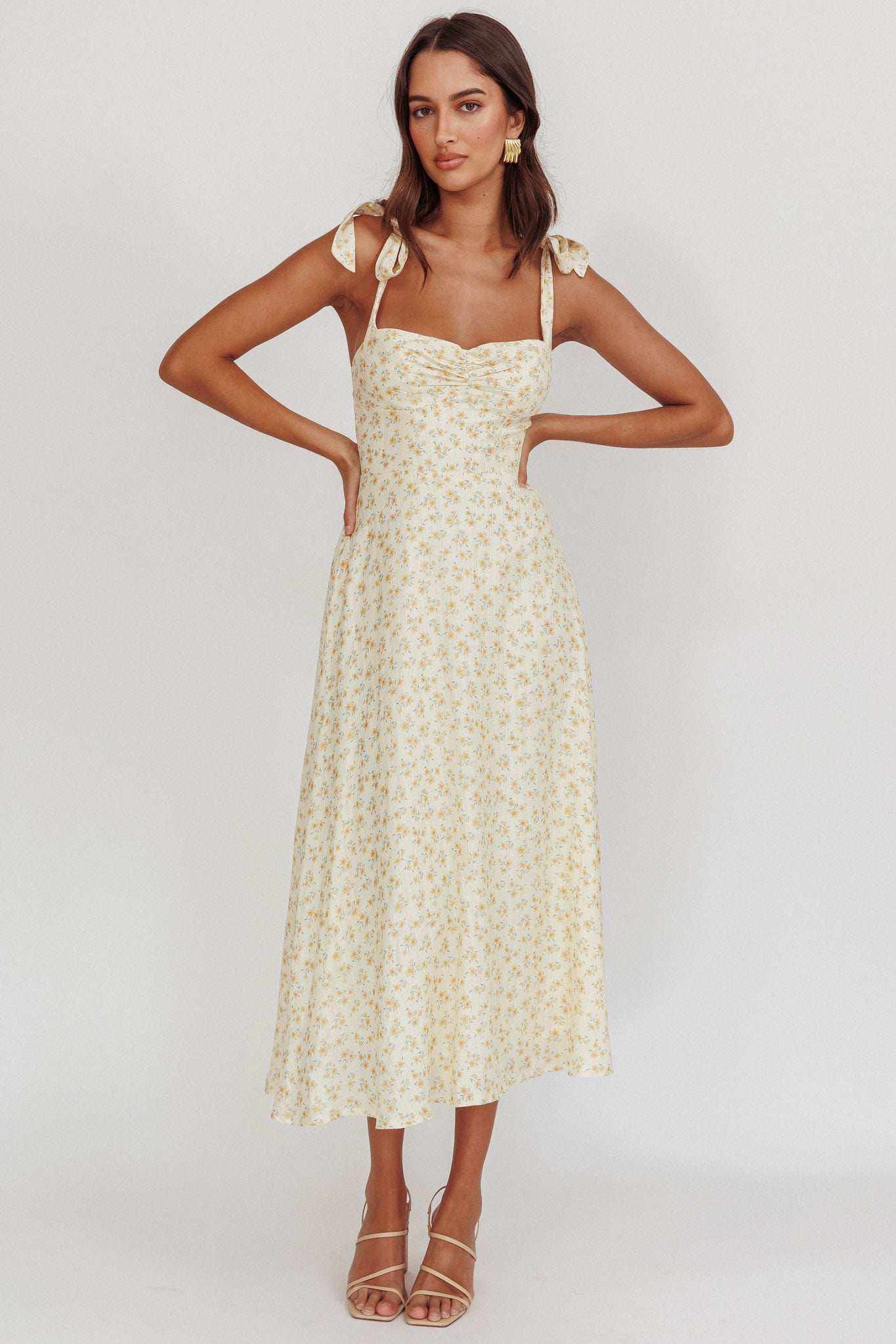 Sweet Pea Floral Tied Straps Midi Dress Yellow-Maymioy