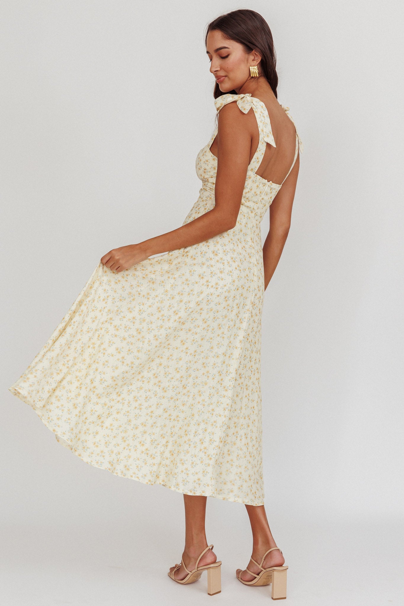 Sweet Pea Floral Tied Straps Midi Dress Yellow-Maymioy