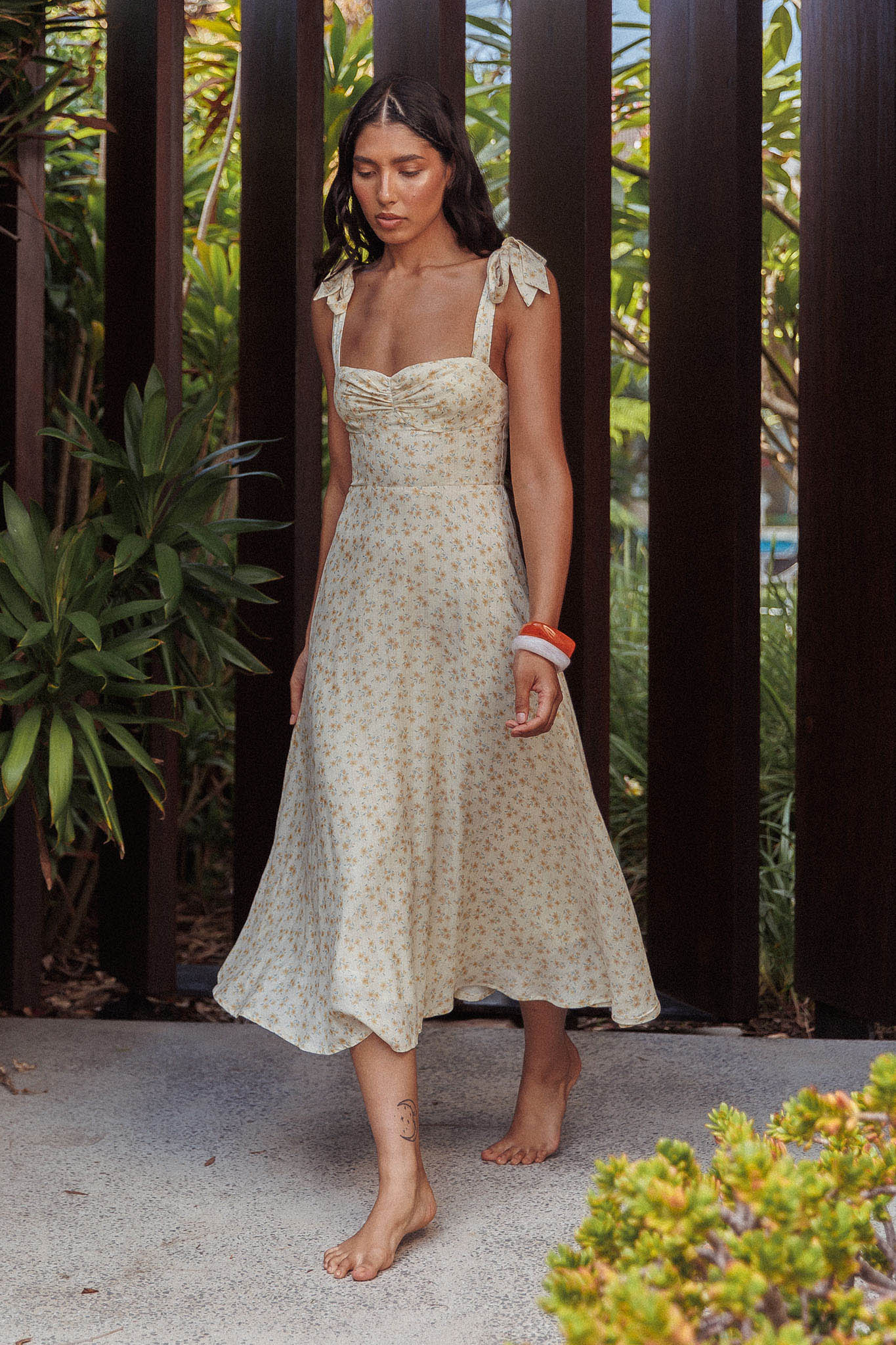 Sweet Pea Floral Tied Straps Midi Dress Yellow-Maymioy