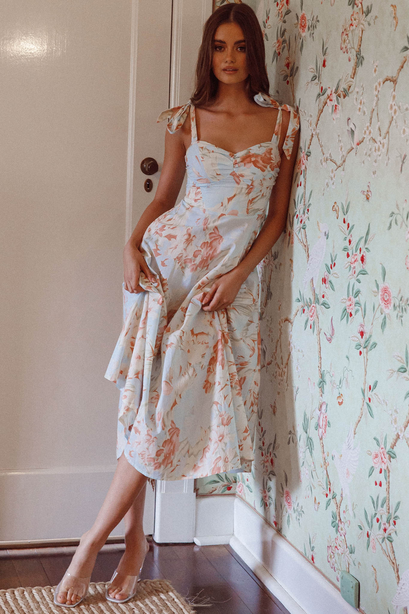 Sweet Pea Tied Shoulder Midi Dress Floral Blue-Maymioy