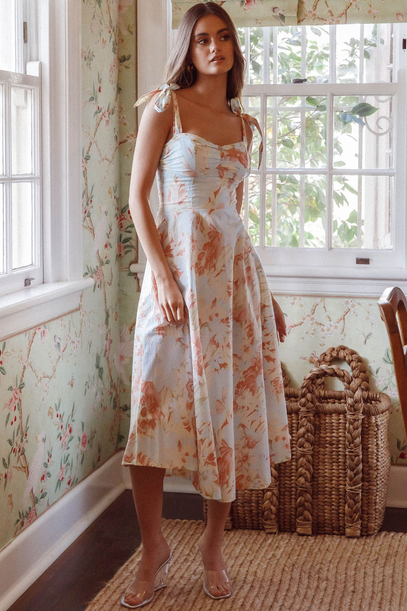 Sweet Pea Tied Shoulder Midi Dress Floral Blue-Maymioy