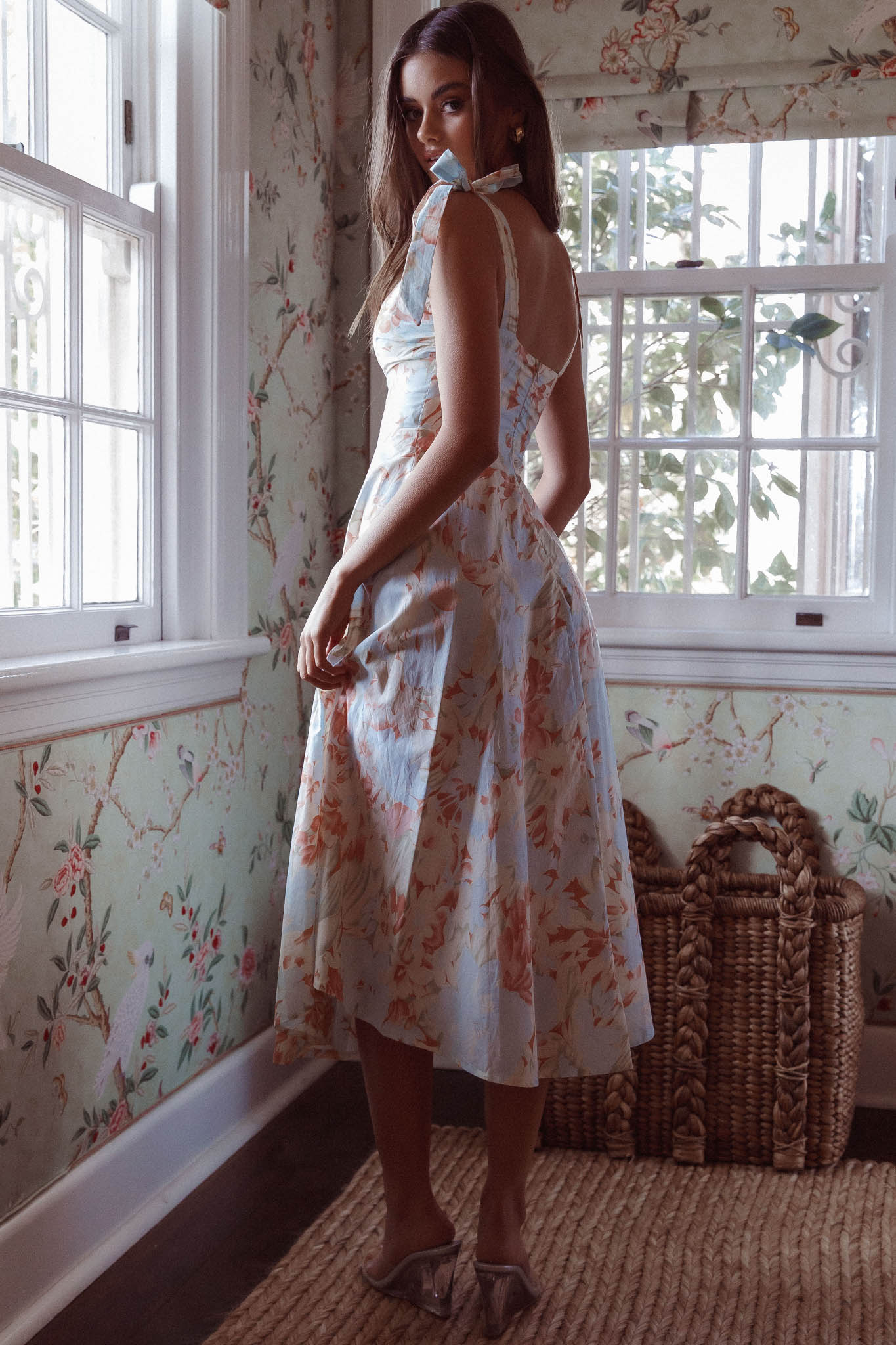 Sweet Pea Tied Shoulder Midi Dress Floral Blue-Maymioy